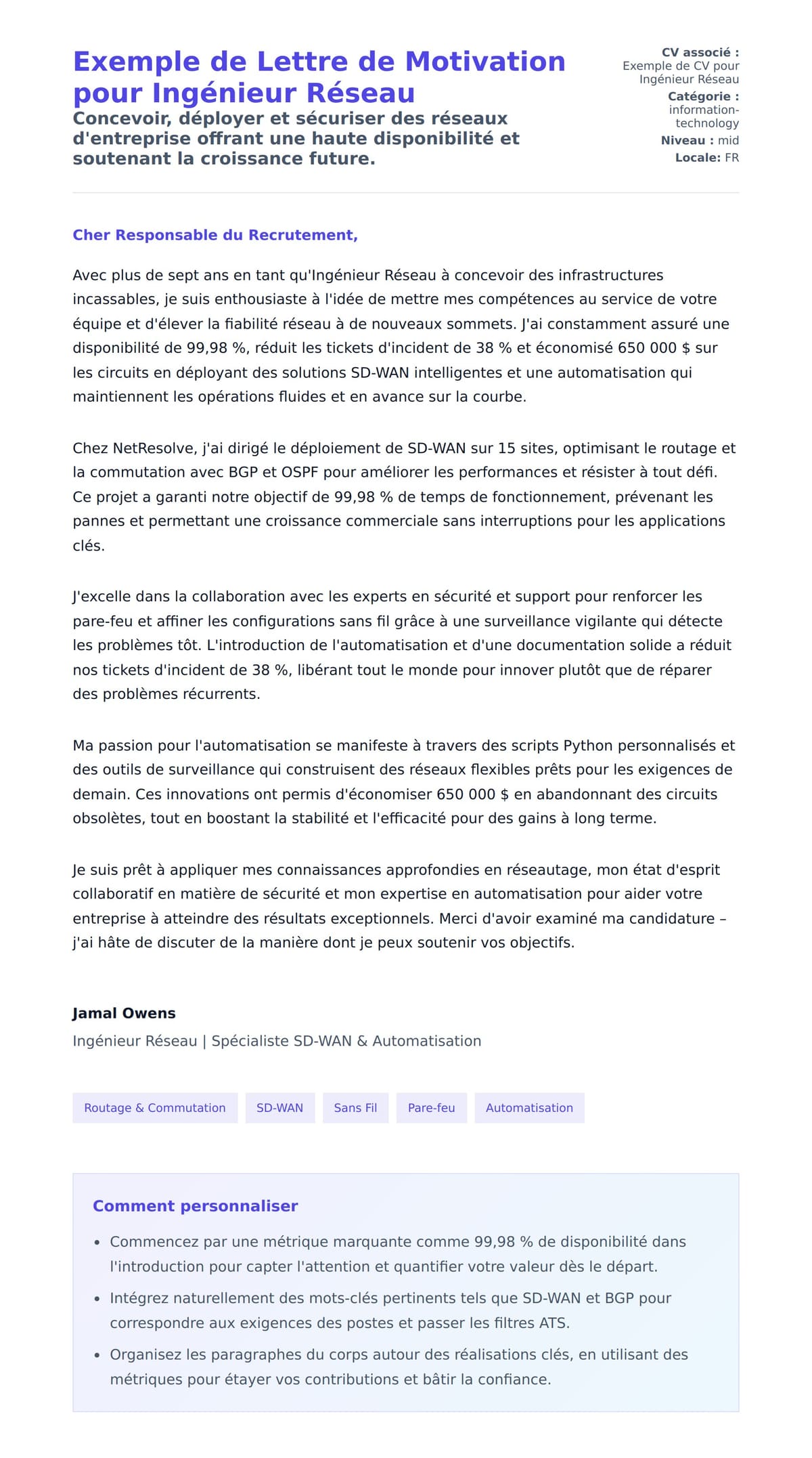 Aperçu de la lettre de motivation pour Exemple de Lettre de Motivation pour Ingénieur Réseau