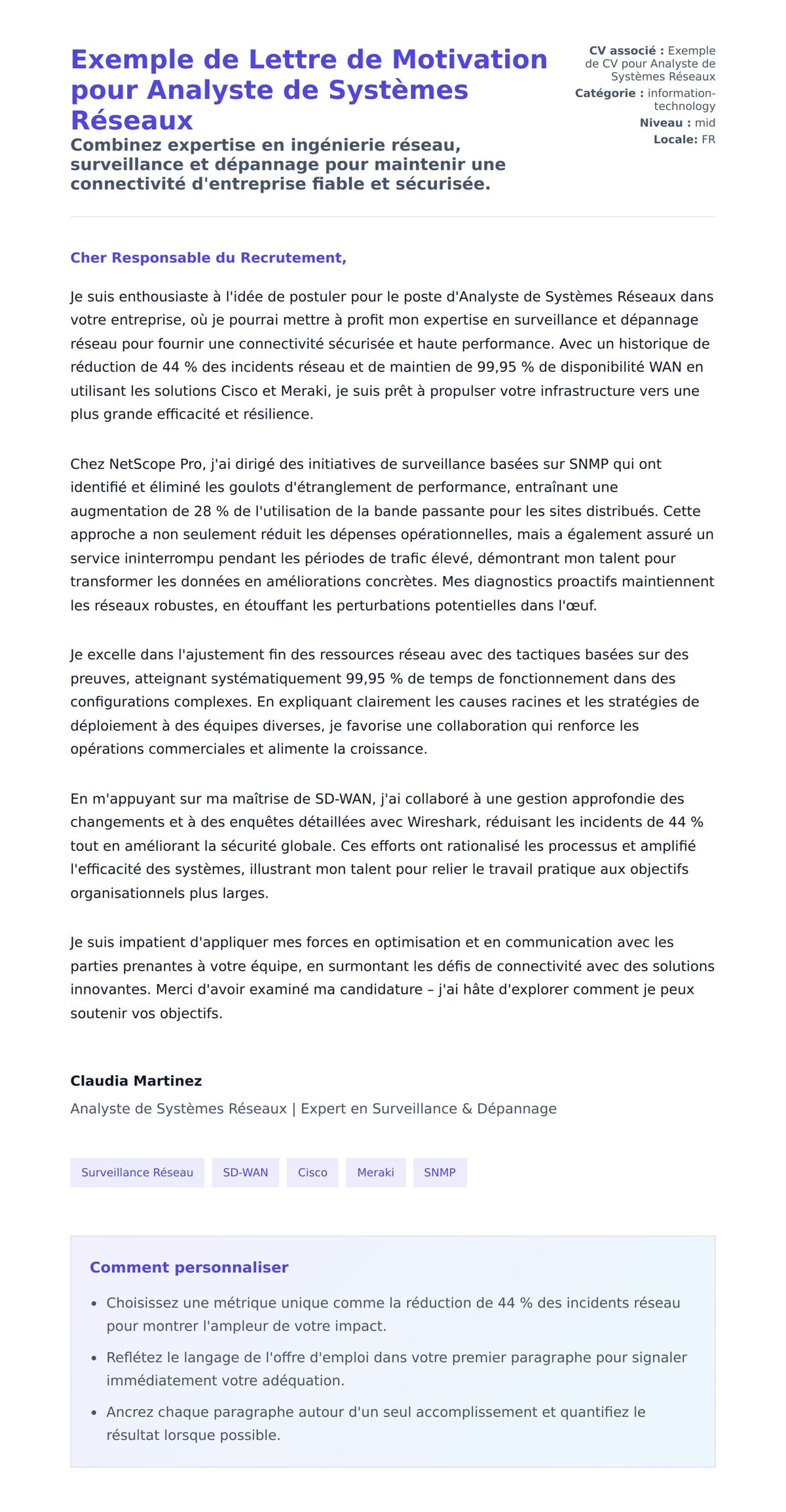 Aperçu de la lettre de motivation pour Exemple de Lettre de Motivation pour Analyste de Systèmes Réseaux