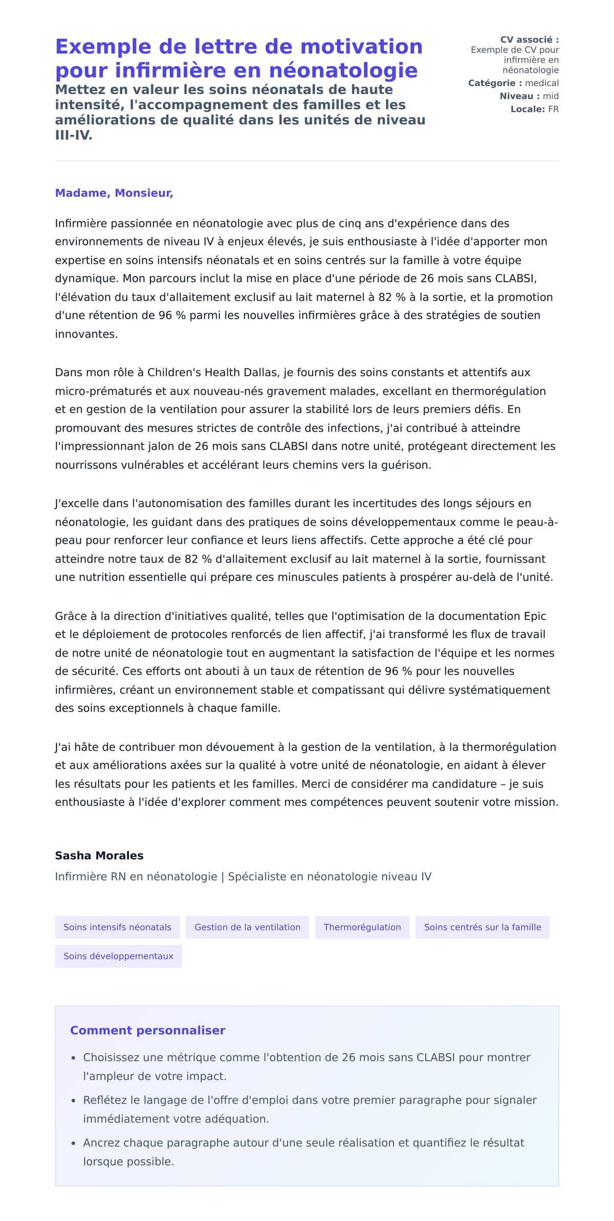 Aperçu de la lettre de motivation pour Exemple de lettre de motivation pour infirmière en néonatologie