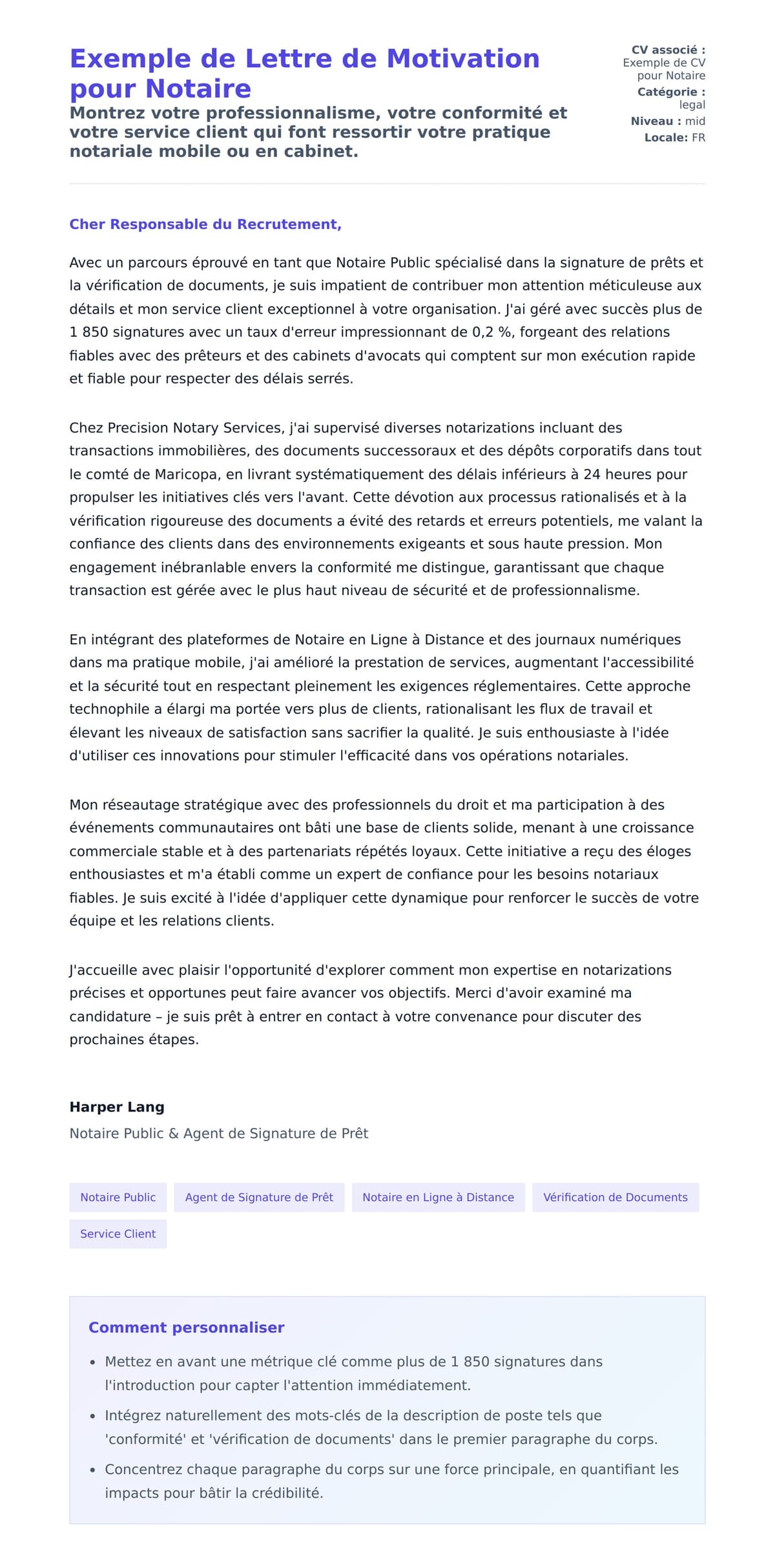 Aperçu de la lettre de motivation pour Exemple de Lettre de Motivation pour Notaire