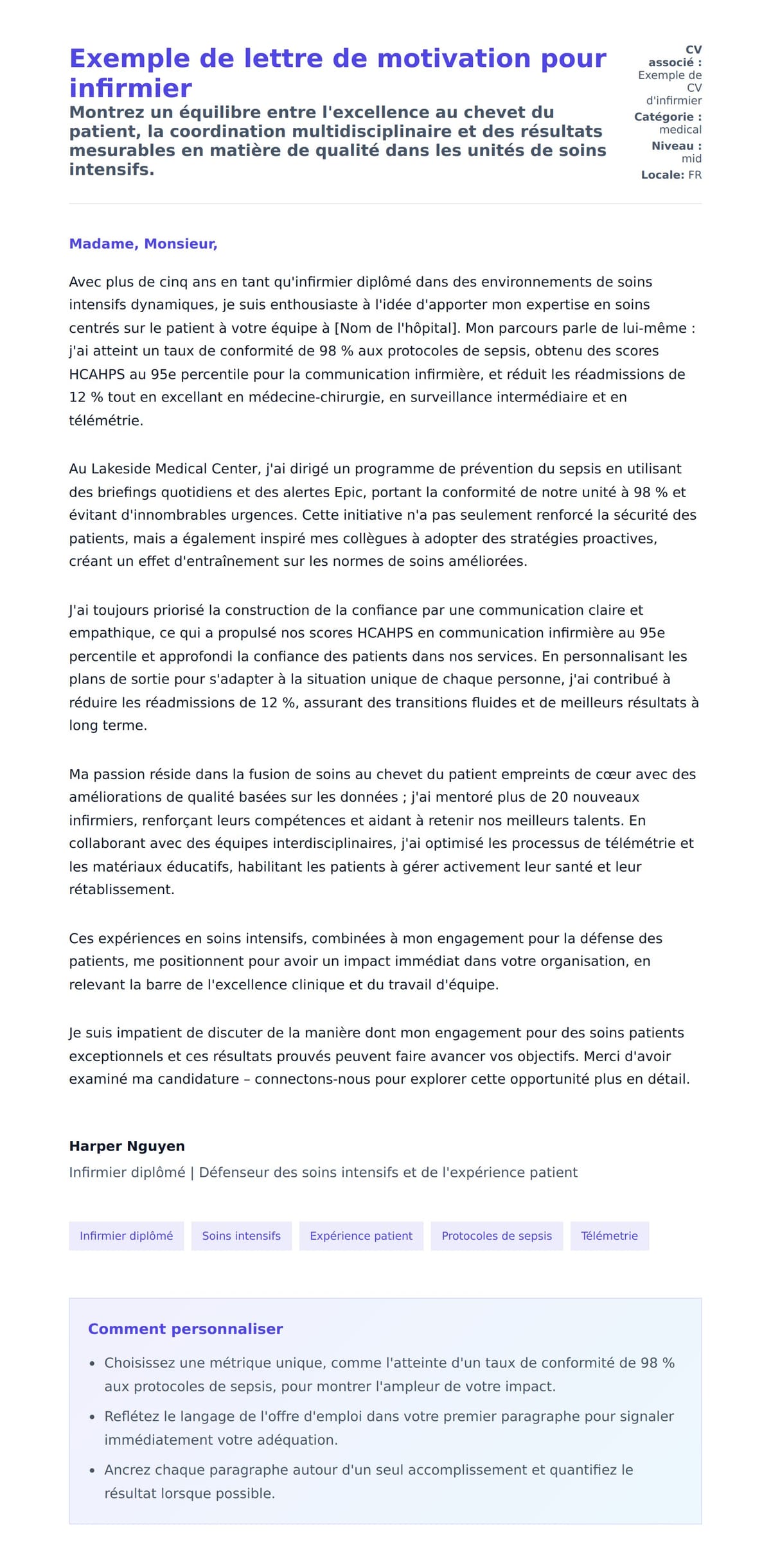 Aperçu de la lettre de motivation pour Exemple de lettre de motivation pour infirmier
