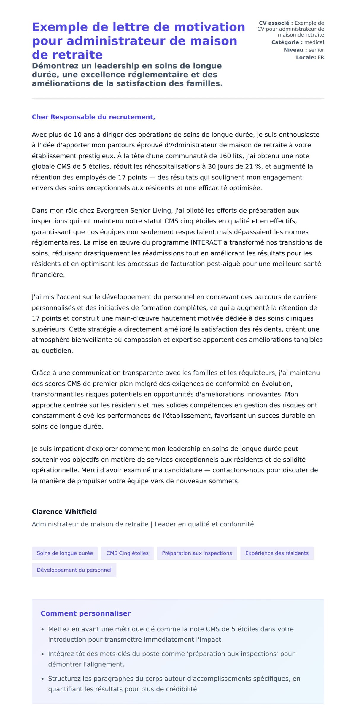 Aperçu de la lettre de motivation pour Exemple de lettre de motivation pour administrateur de maison de retraite