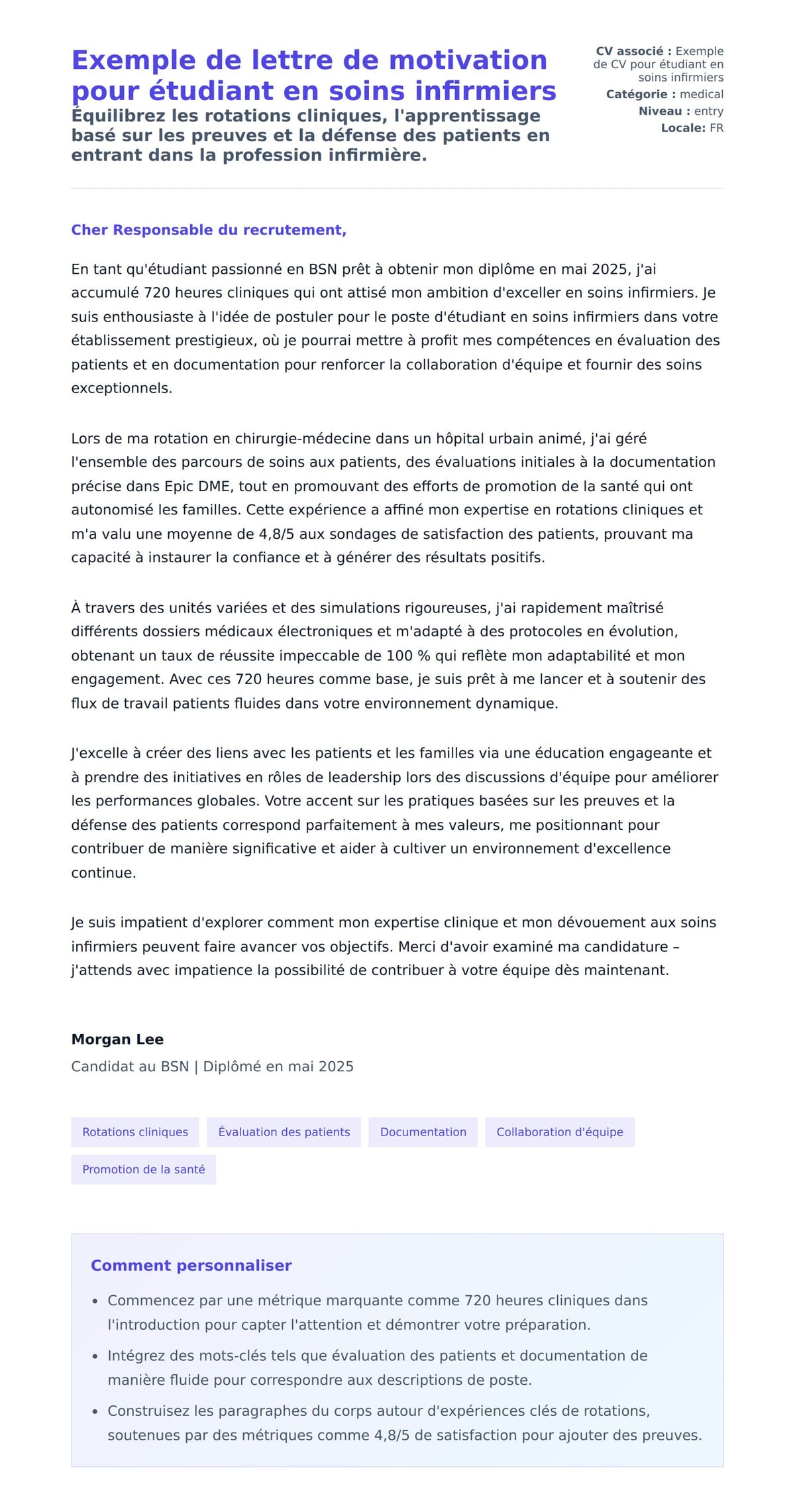 Aperçu de la lettre de motivation pour Exemple de lettre de motivation pour étudiant en soins infirmiers