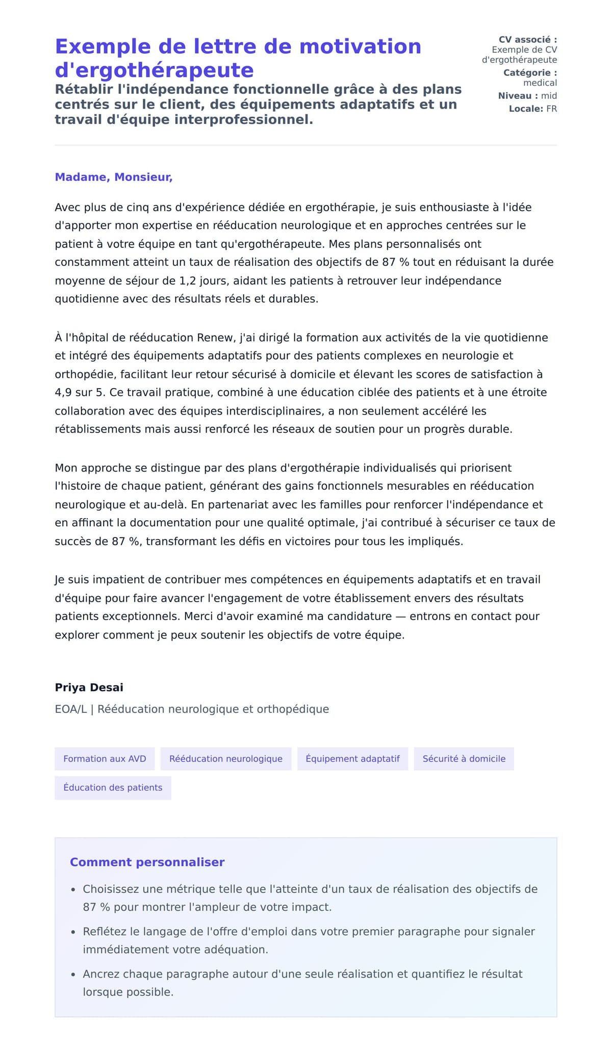 Aperçu de la lettre de motivation pour Exemple de lettre de motivation d'ergothérapeute