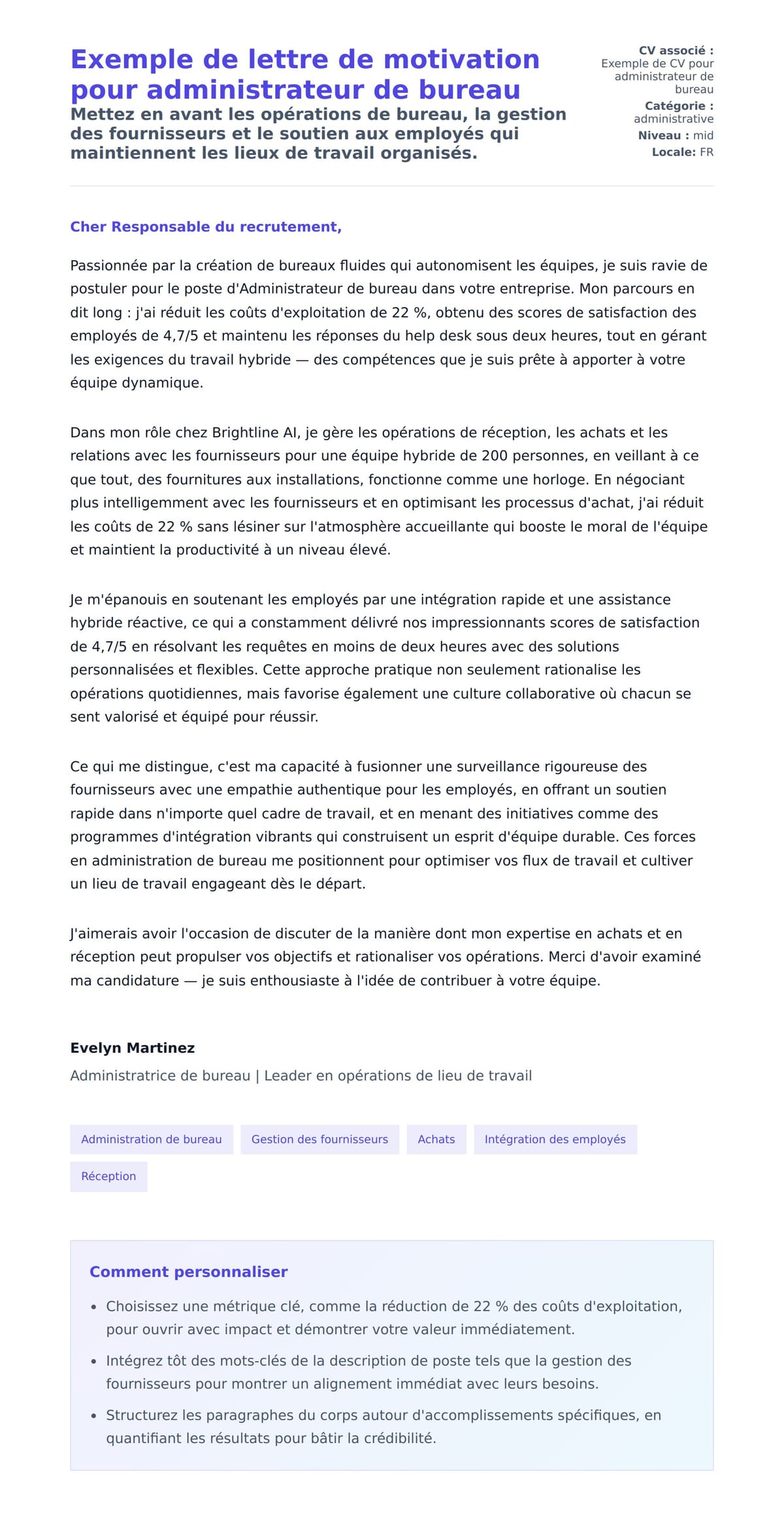 Aperçu de la lettre de motivation pour Exemple de lettre de motivation pour administrateur de bureau