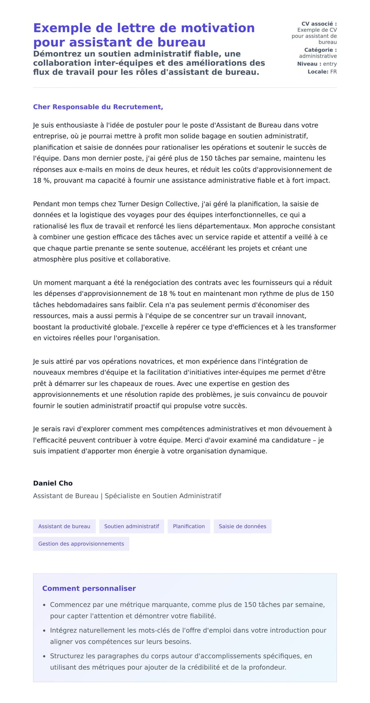 Aperçu de la lettre de motivation pour Exemple de lettre de motivation pour assistant de bureau
