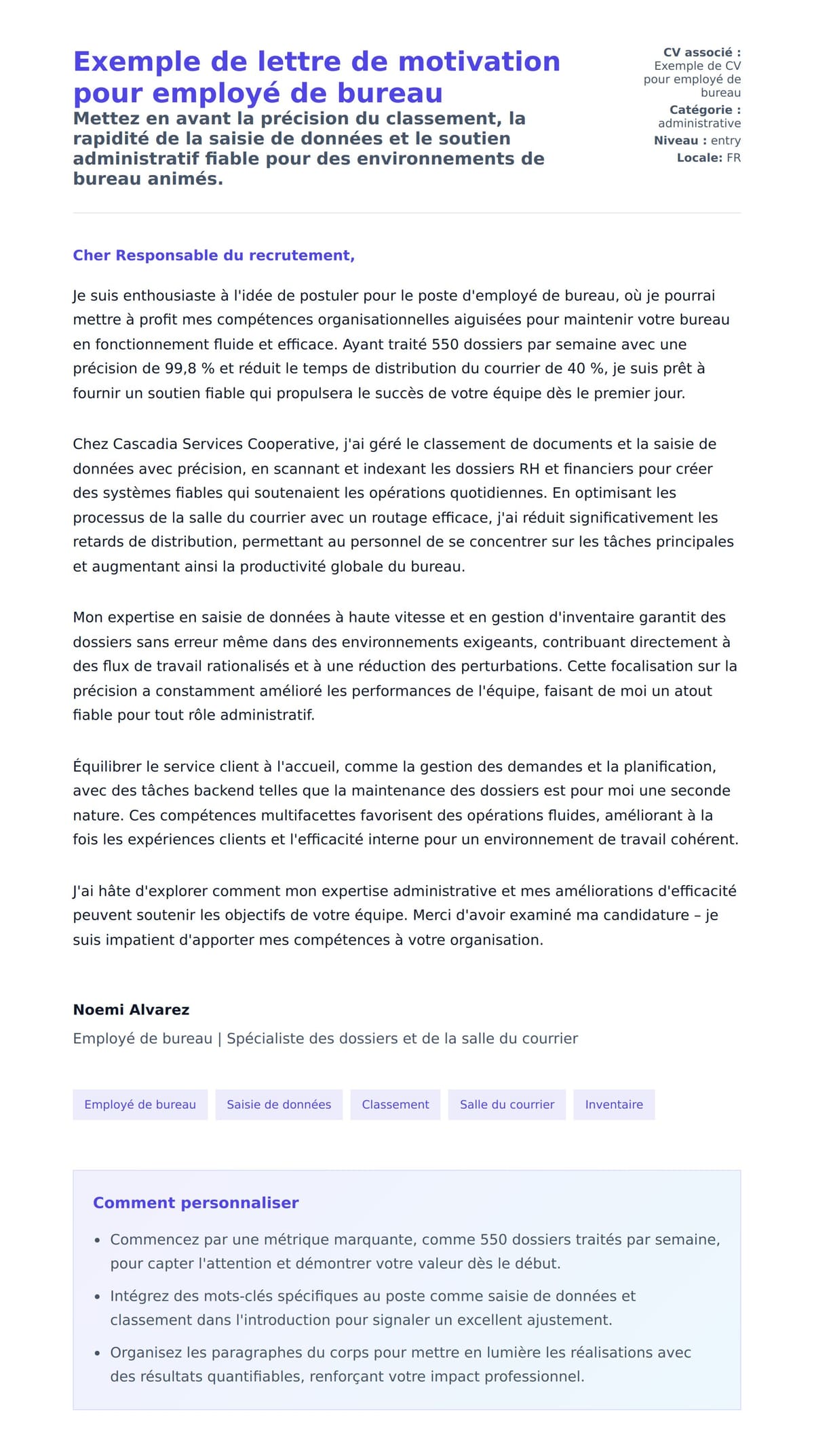 Aperçu de la lettre de motivation pour Exemple de lettre de motivation pour employé de bureau