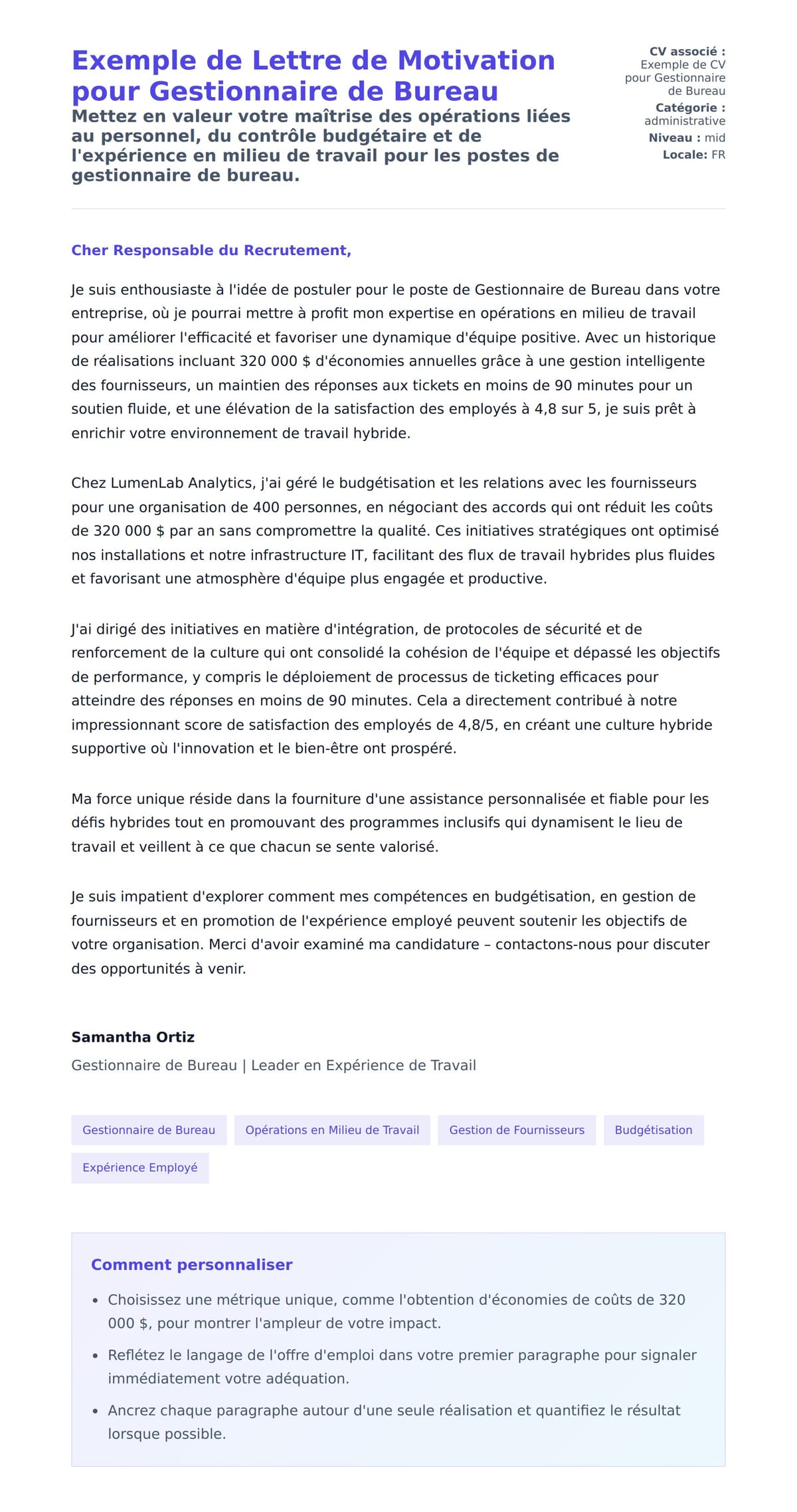 Aperçu de la lettre de motivation pour Exemple de Lettre de Motivation pour Gestionnaire de Bureau