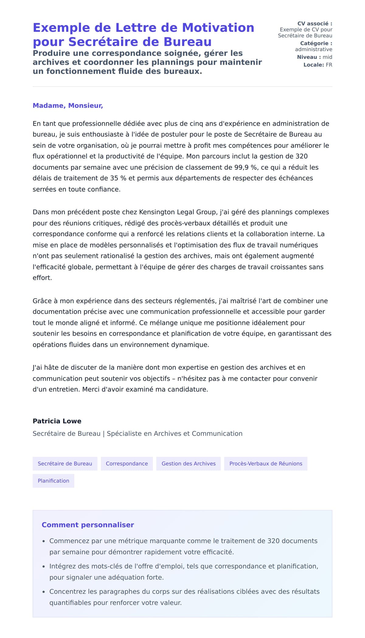 Exemple de Lettre de Motivation pour Secrétaire de Bureau