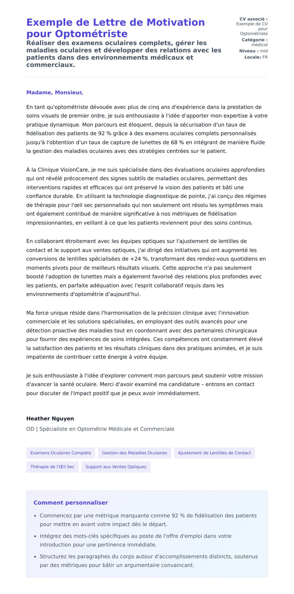 Aperçu de la lettre de motivation pour Exemple de Lettre de Motivation pour Optométriste