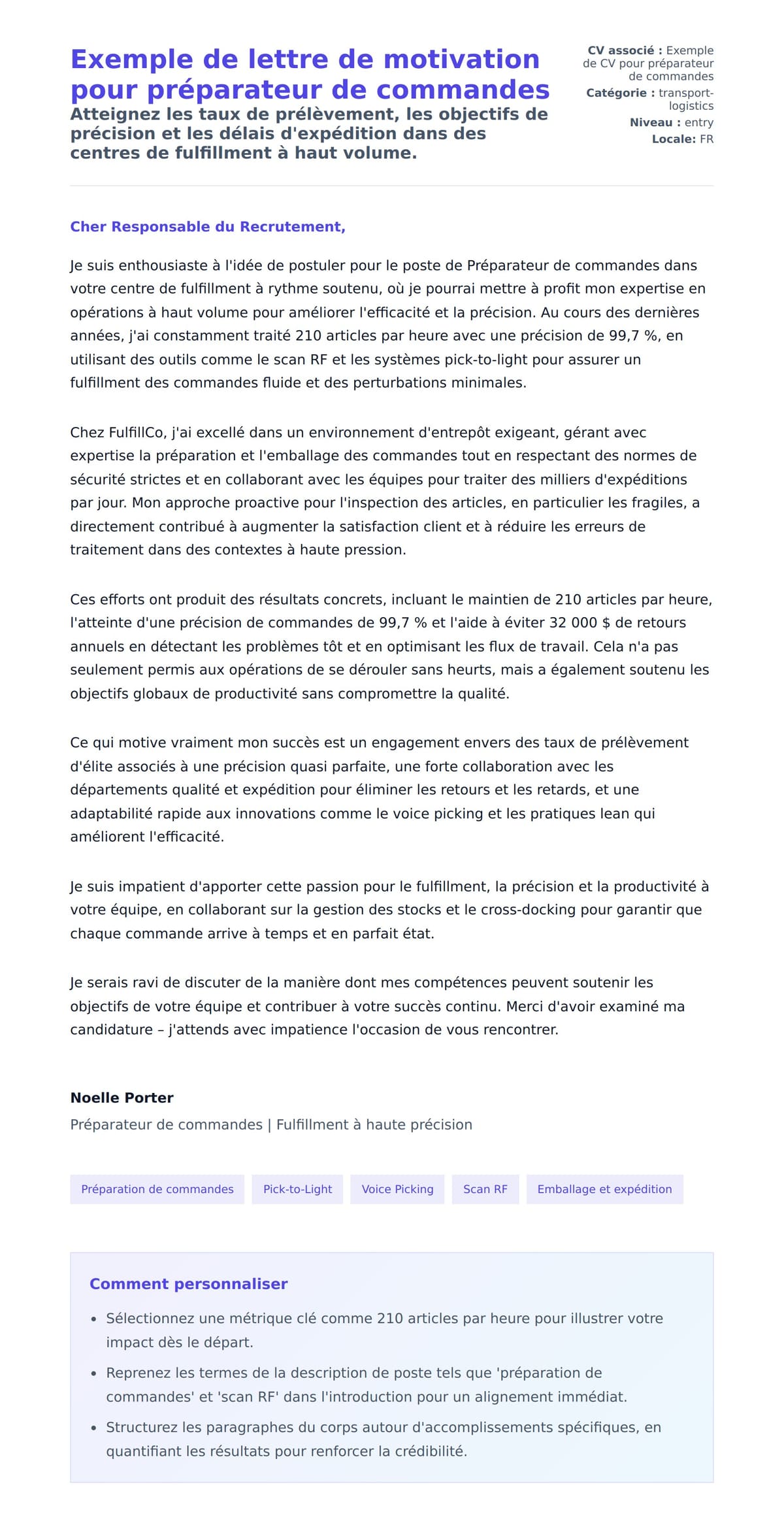 Aperçu de la lettre de motivation pour Exemple de lettre de motivation pour préparateur de commandes