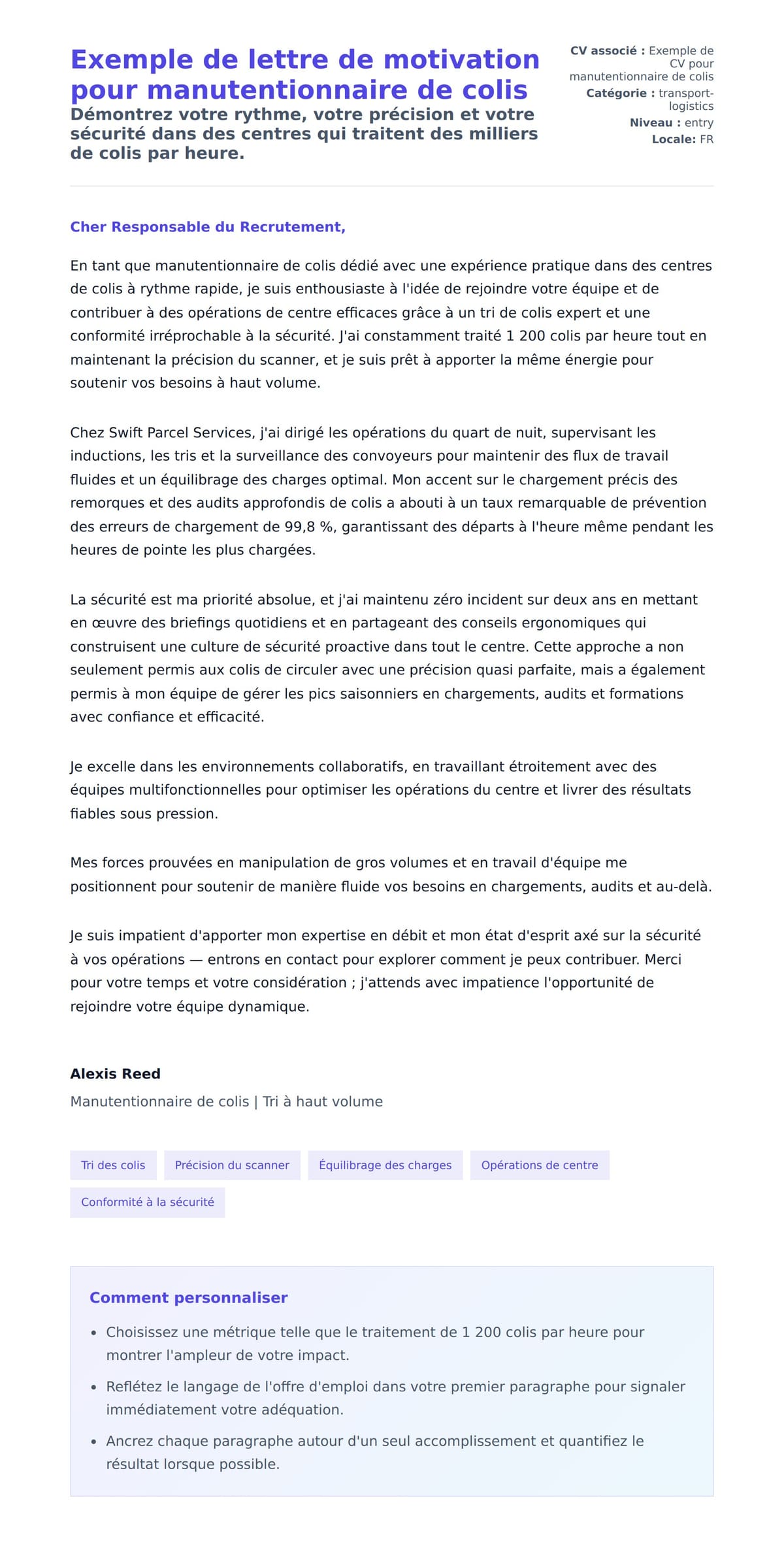 Aperçu de la lettre de motivation pour Exemple de lettre de motivation pour manutentionnaire de colis