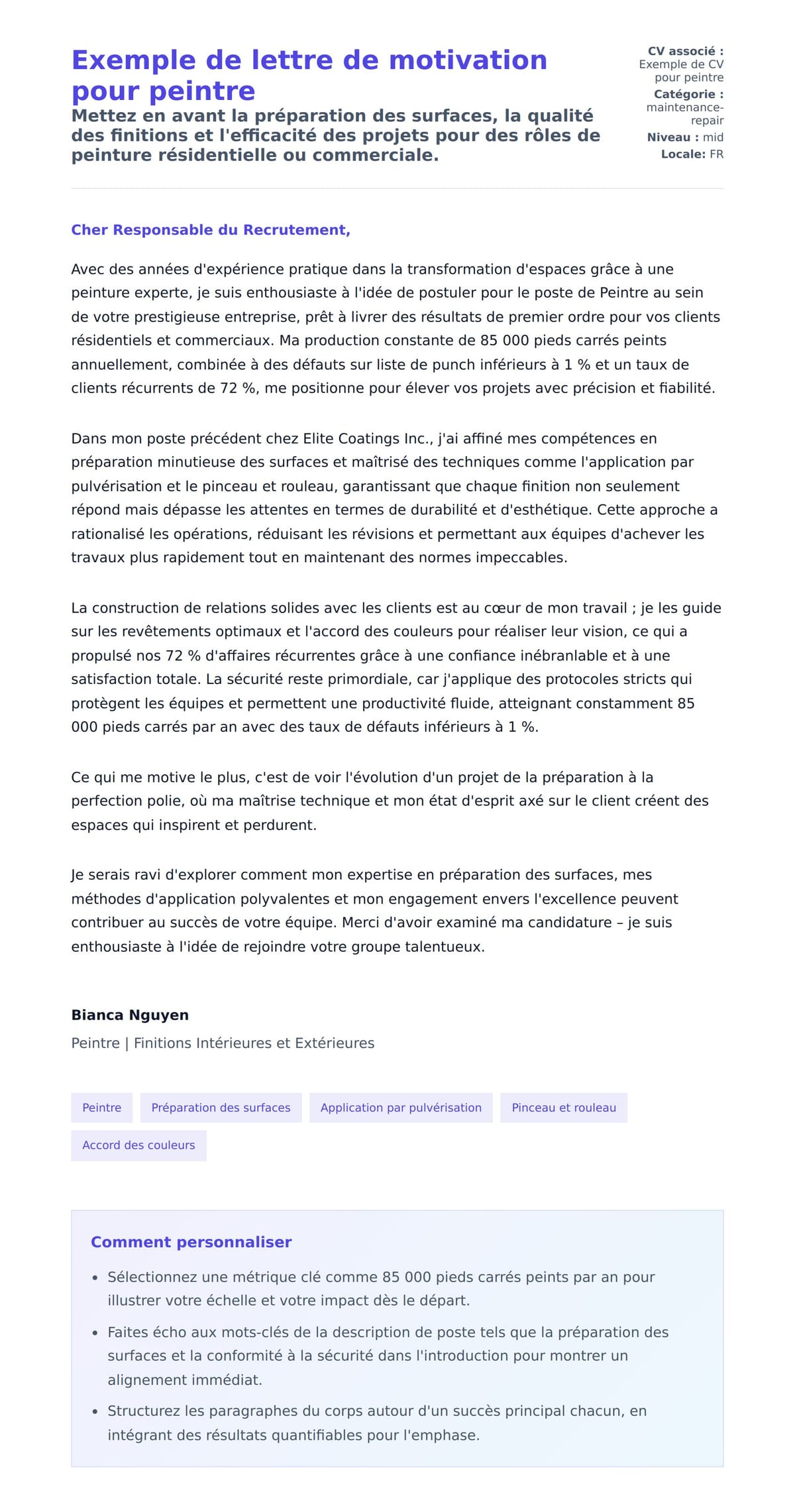 Aperçu de la lettre de motivation pour Exemple de lettre de motivation pour peintre