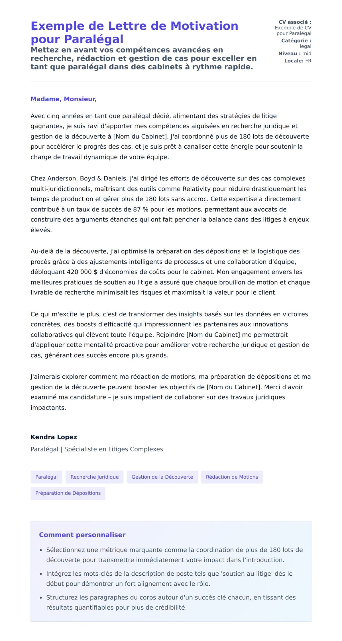 Aperçu de la lettre de motivation pour Exemple de Lettre de Motivation pour Paralégal