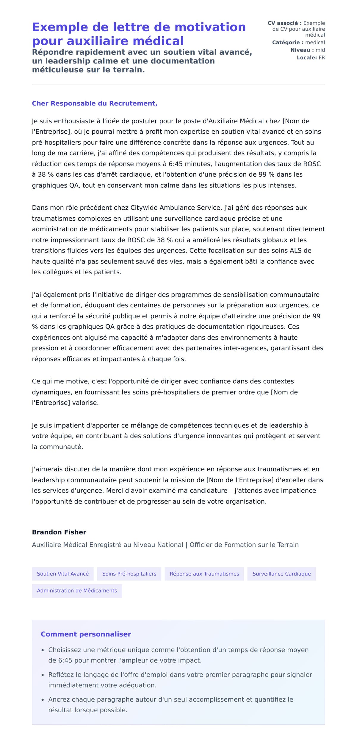 Aperçu de la lettre de motivation pour Exemple de lettre de motivation pour auxiliaire médical