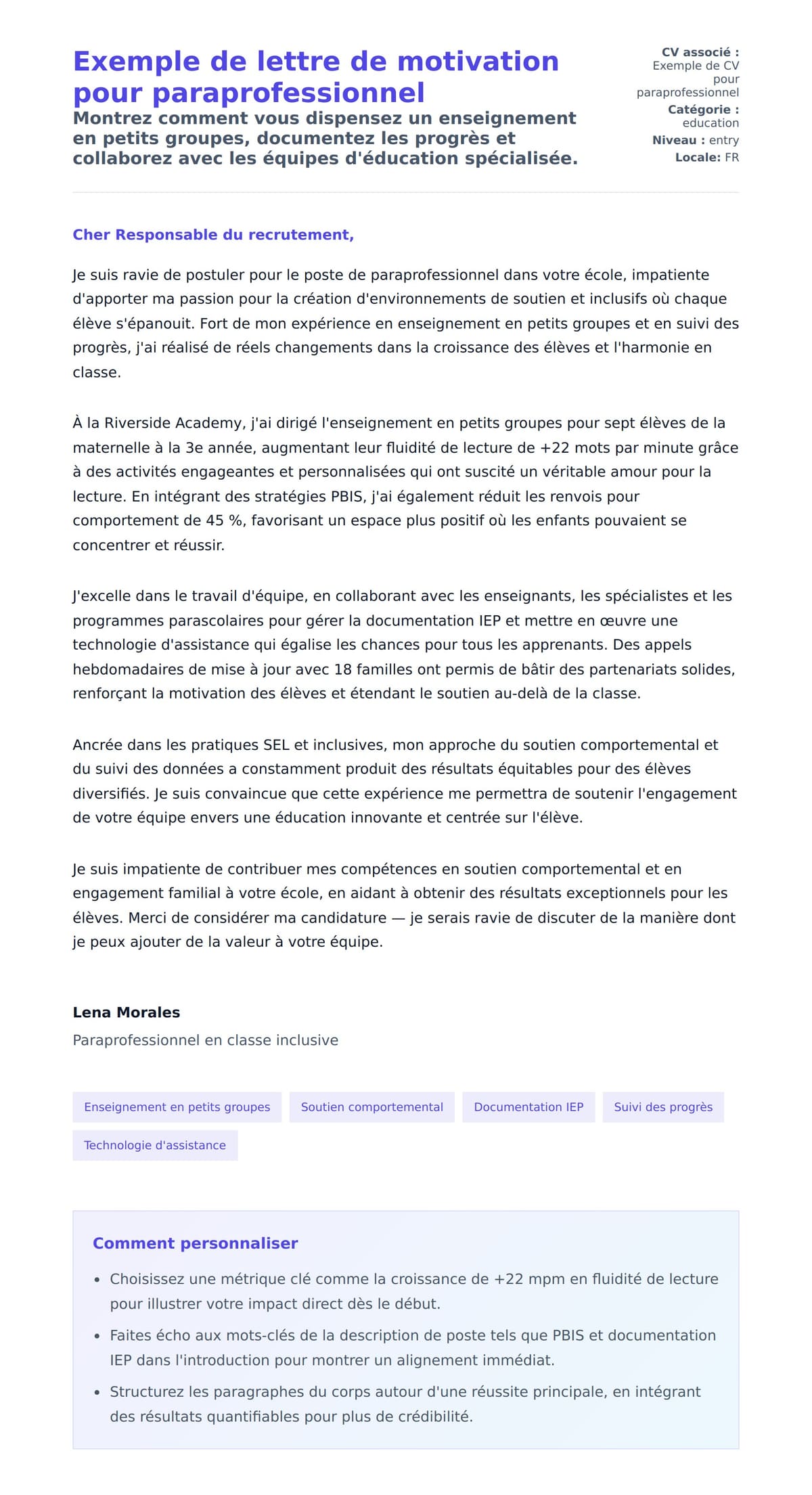 Aperçu de la lettre de motivation pour Exemple de lettre de motivation pour paraprofessionnel