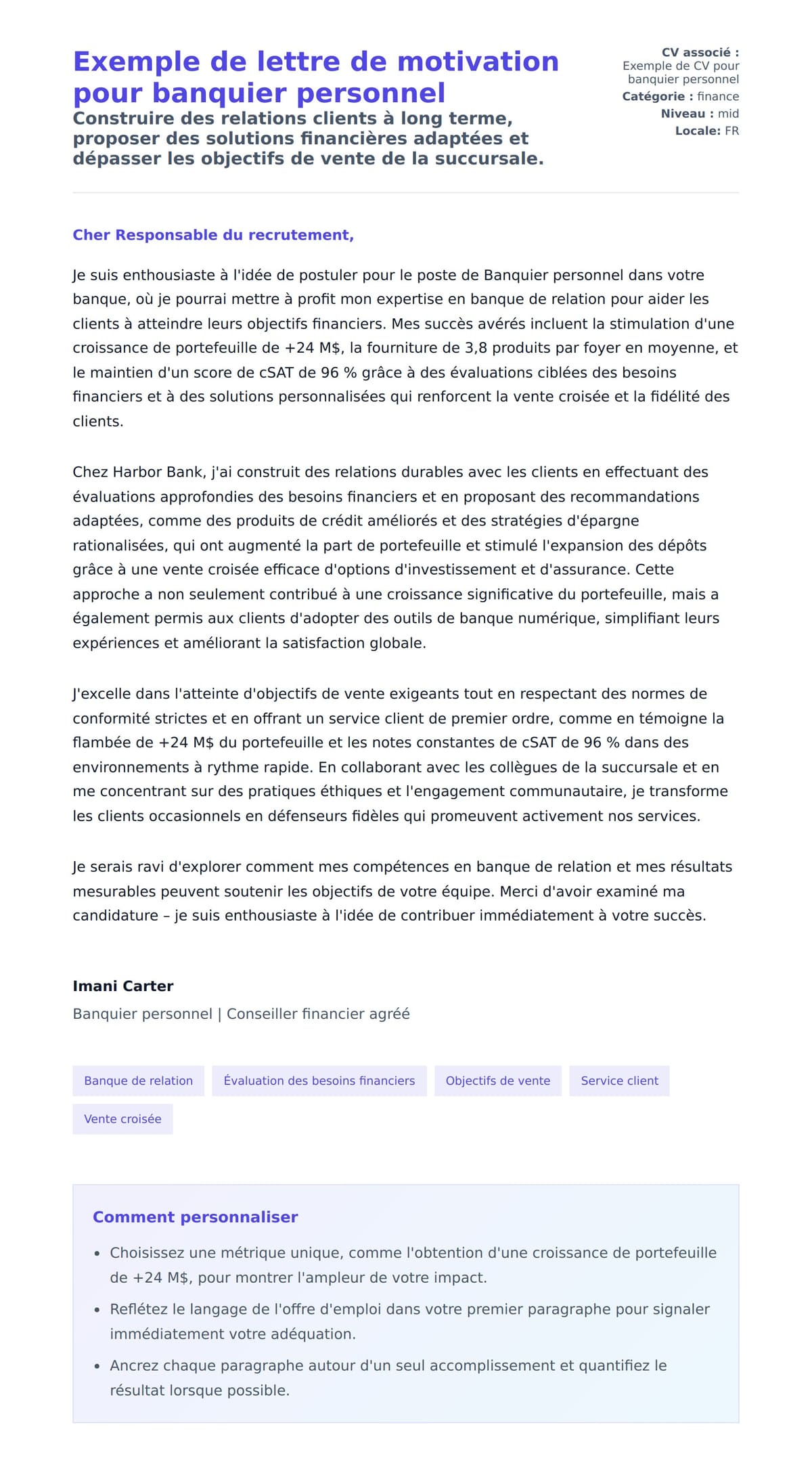 Aperçu de la lettre de motivation pour Exemple de lettre de motivation pour banquier personnel
