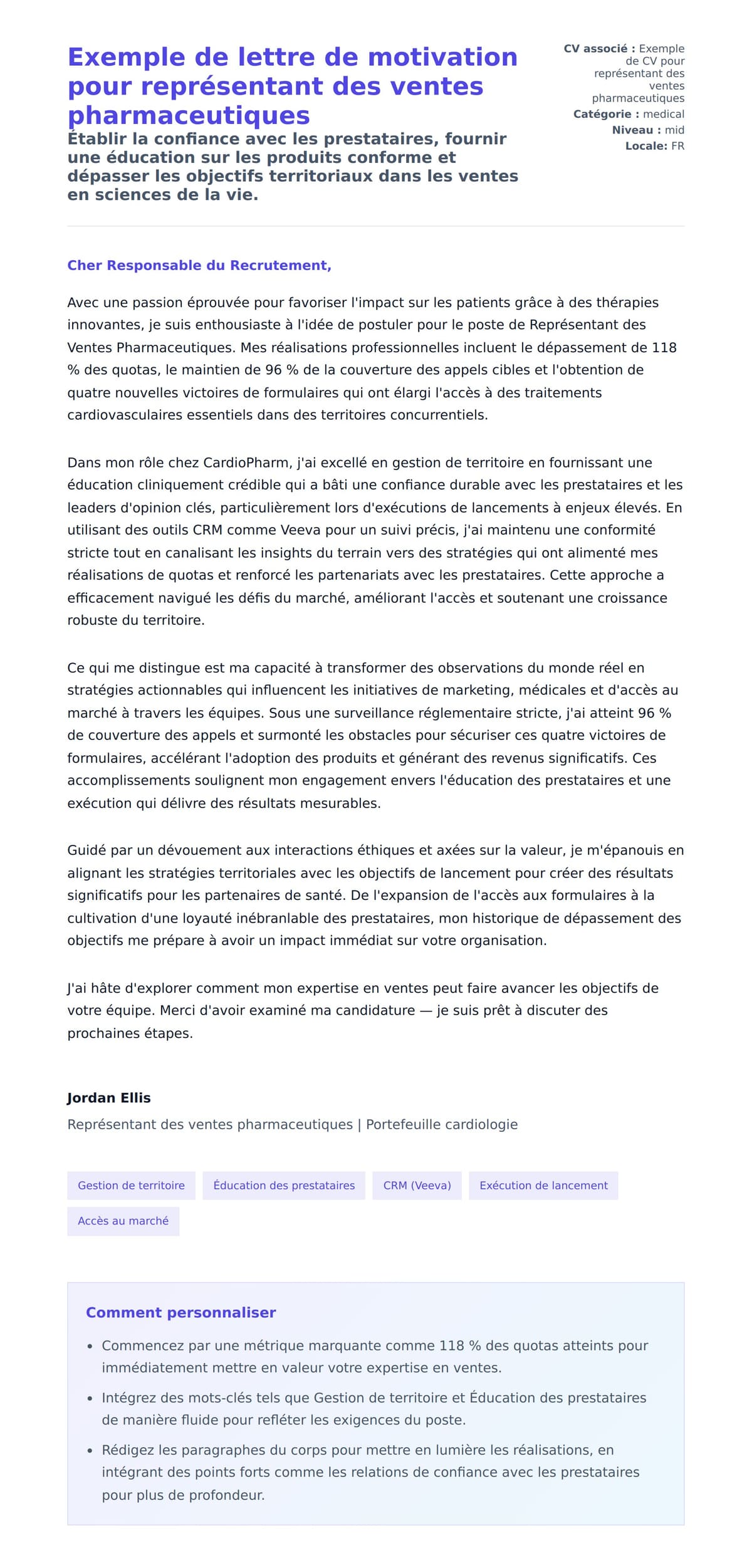 Aperçu de la lettre de motivation pour Exemple de lettre de motivation pour représentant des ventes pharmaceutiques