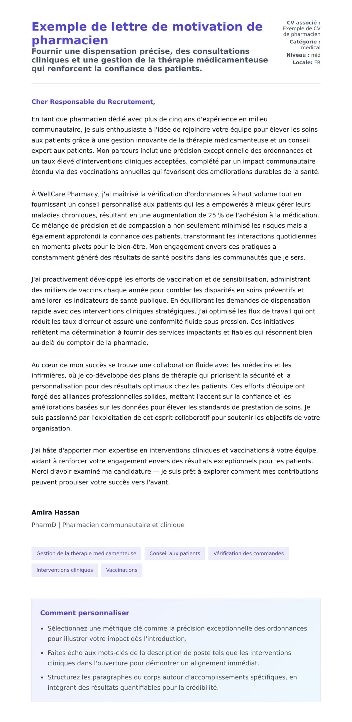 Aperçu de la lettre de motivation pour Exemple de lettre de motivation de pharmacien