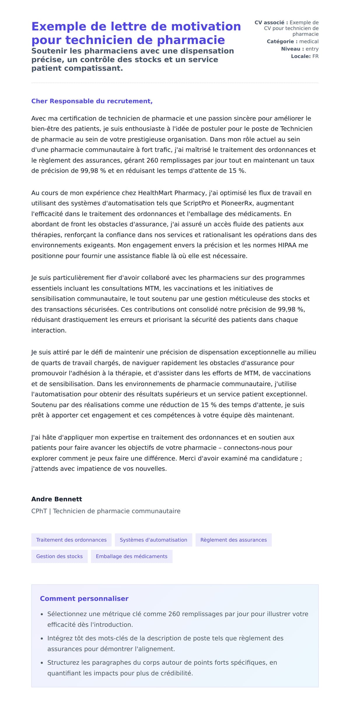 Aperçu de la lettre de motivation pour Exemple de lettre de motivation pour technicien de pharmacie