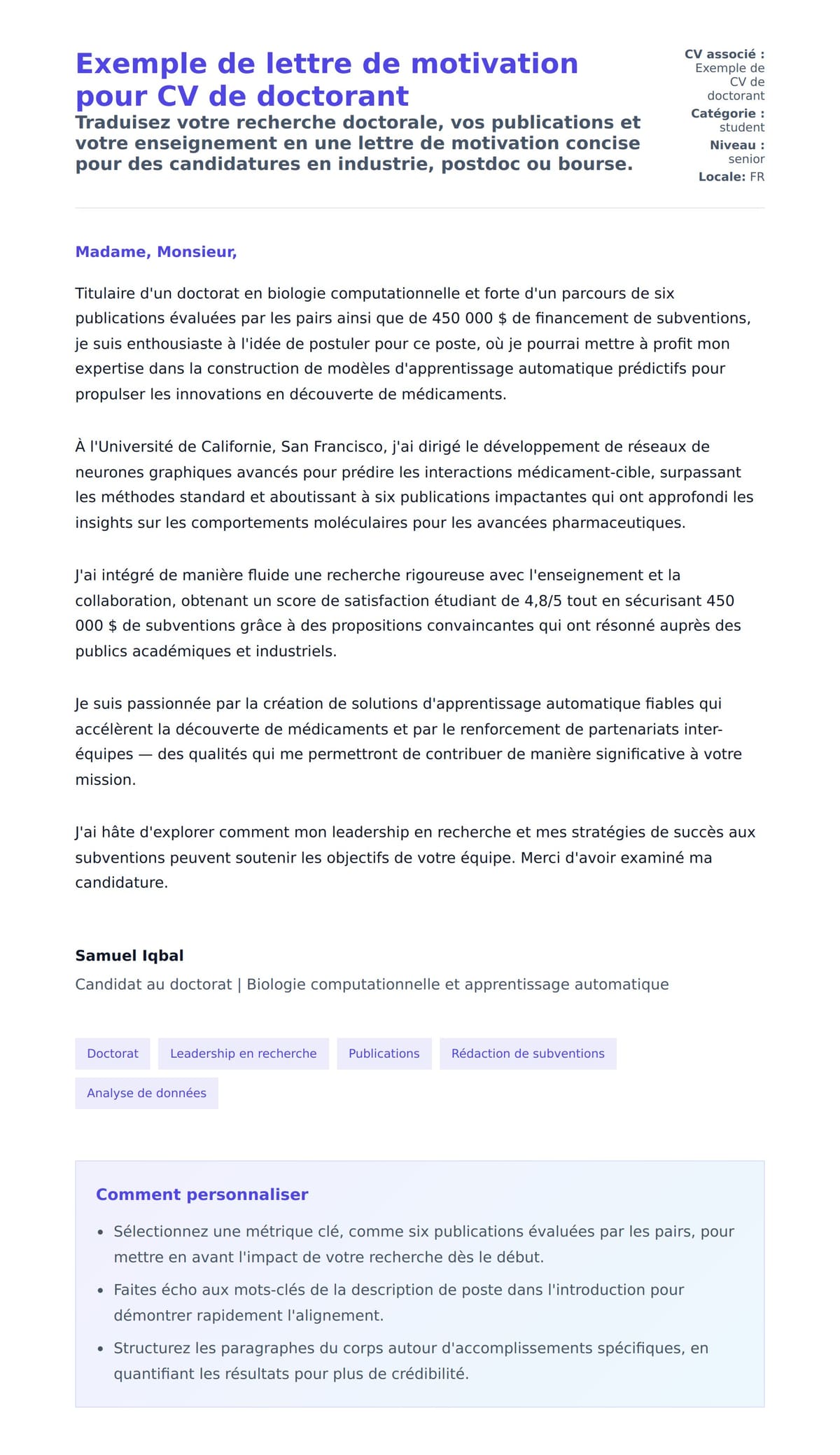 Aperçu de la lettre de motivation pour Exemple de lettre de motivation pour CV de doctorant