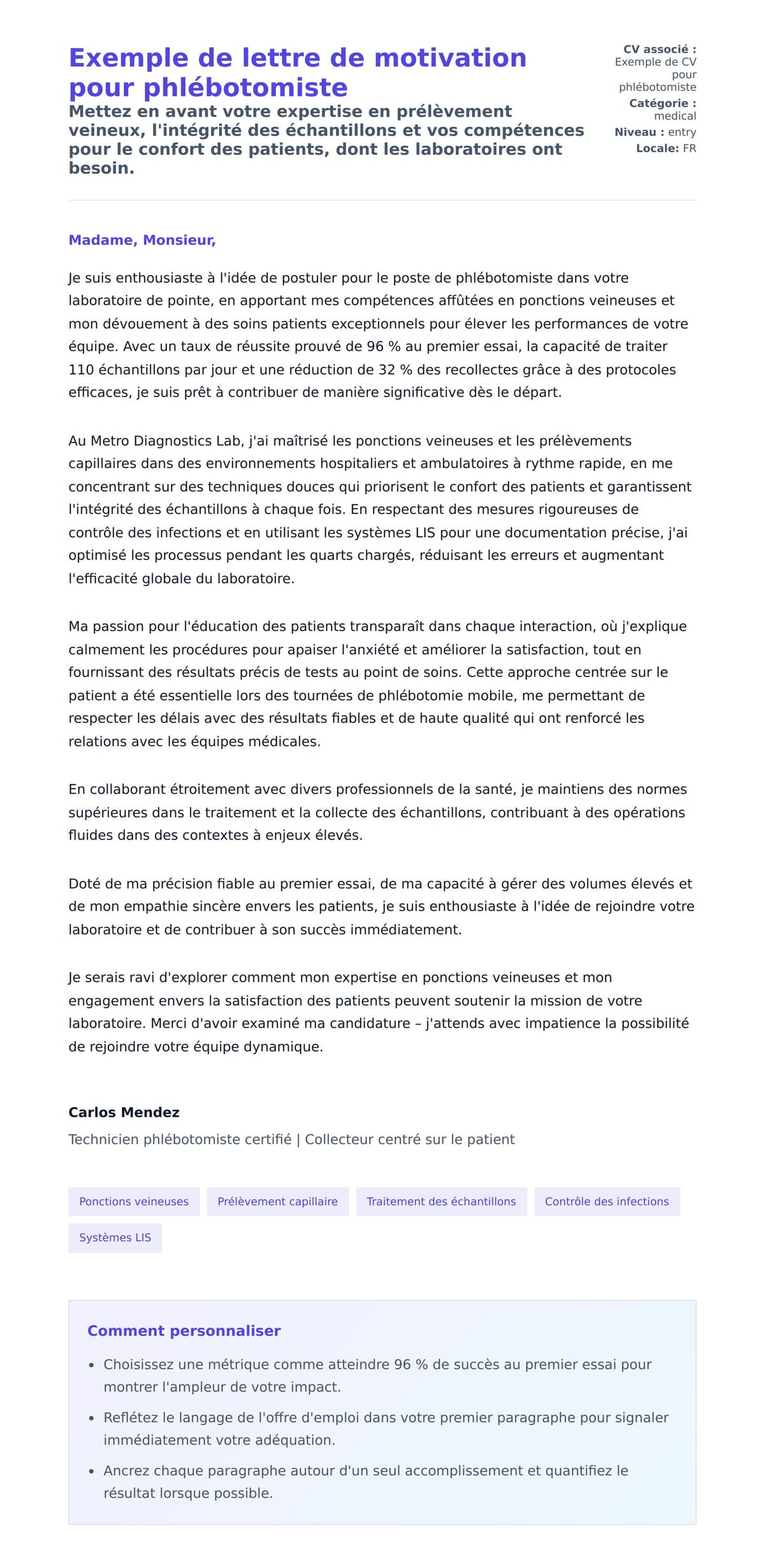 Aperçu de la lettre de motivation pour Exemple de lettre de motivation pour phlébotomiste