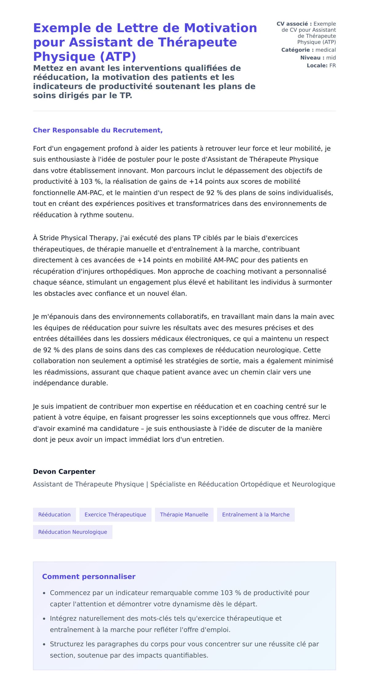 Aperçu de la lettre de motivation pour Exemple de Lettre de Motivation pour Assistant de Thérapeute Physique (ATP)