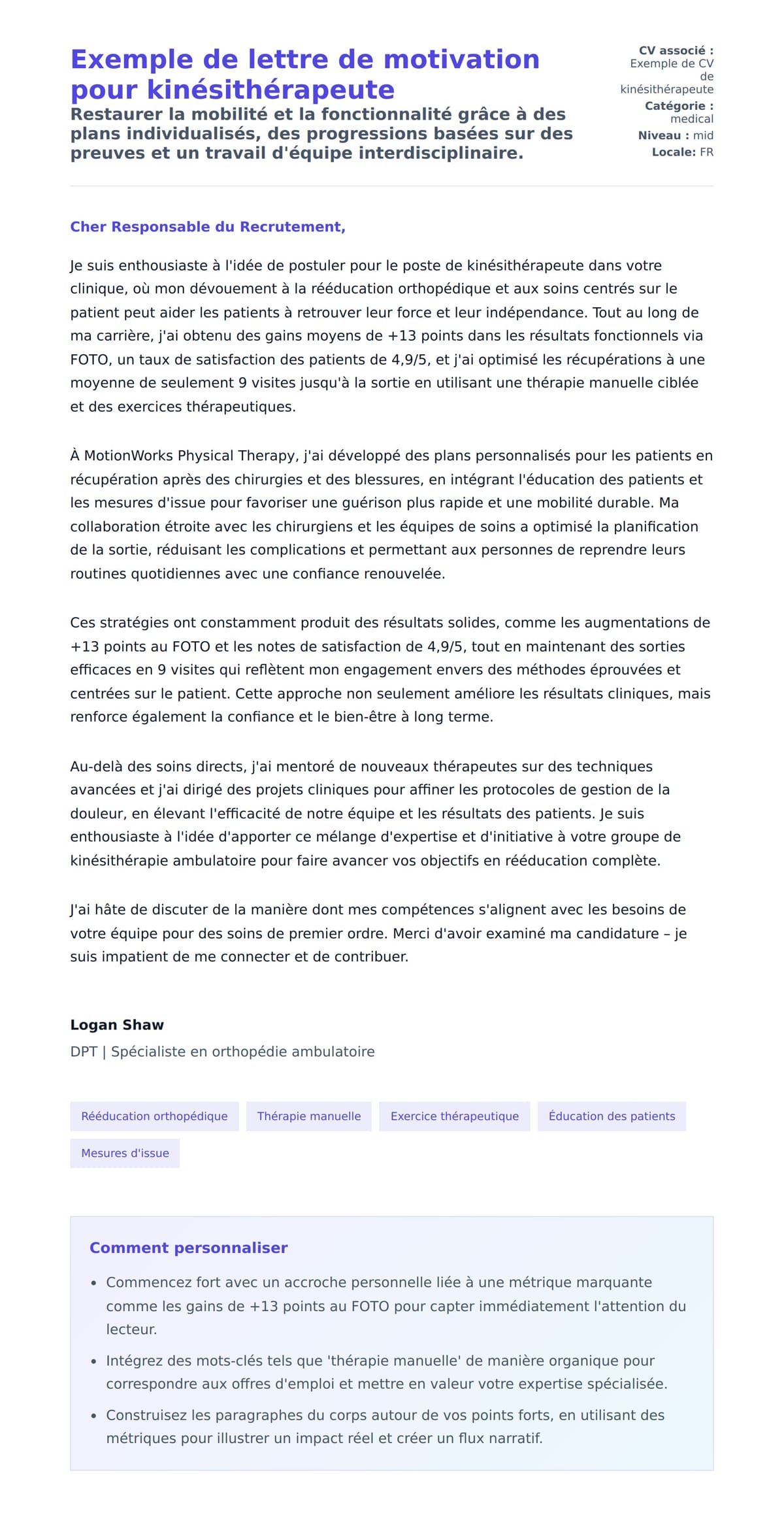 Aperçu de la lettre de motivation pour Exemple de lettre de motivation pour kinésithérapeute