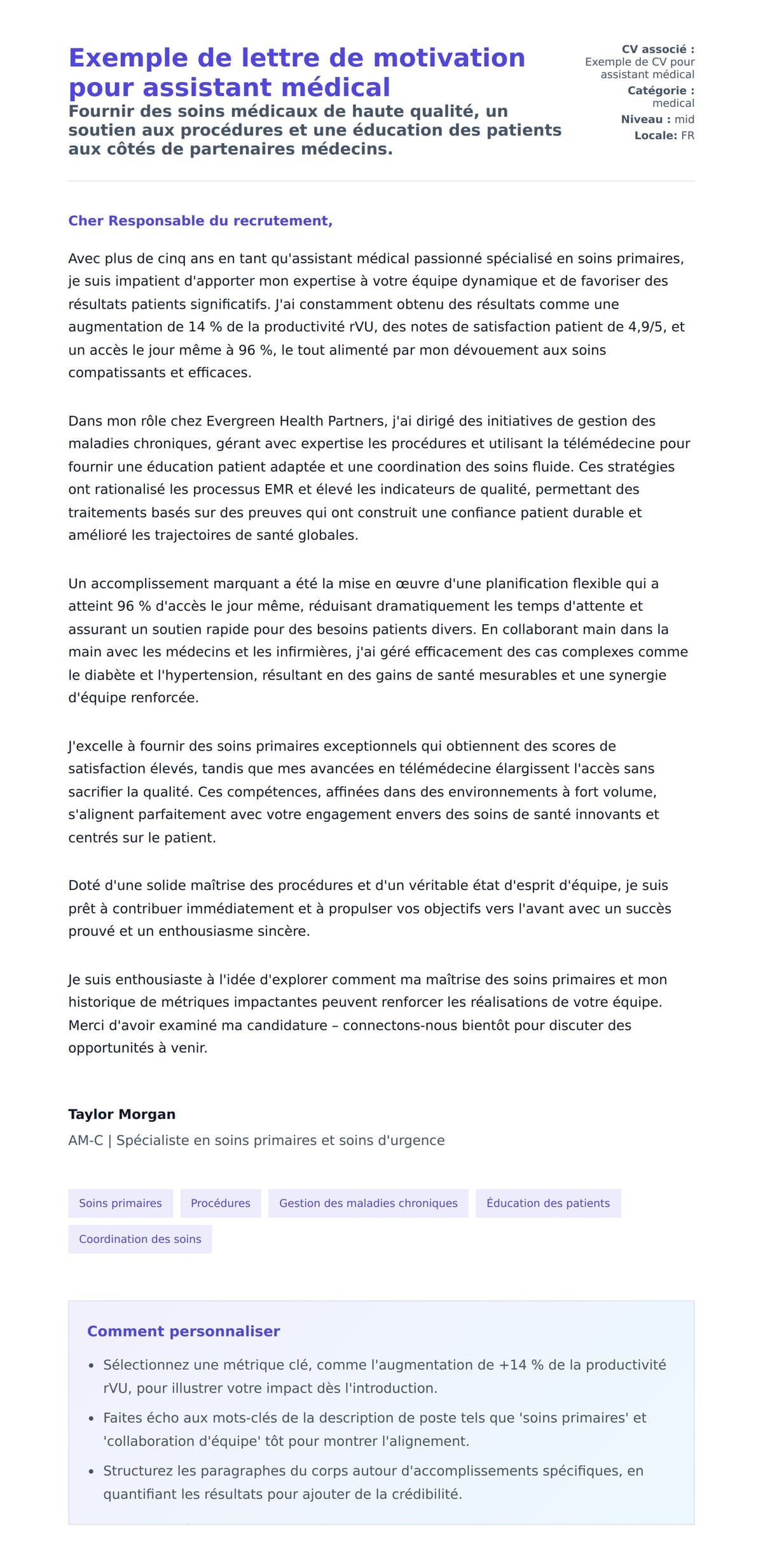 Aperçu de la lettre de motivation pour Exemple de lettre de motivation pour assistant médical