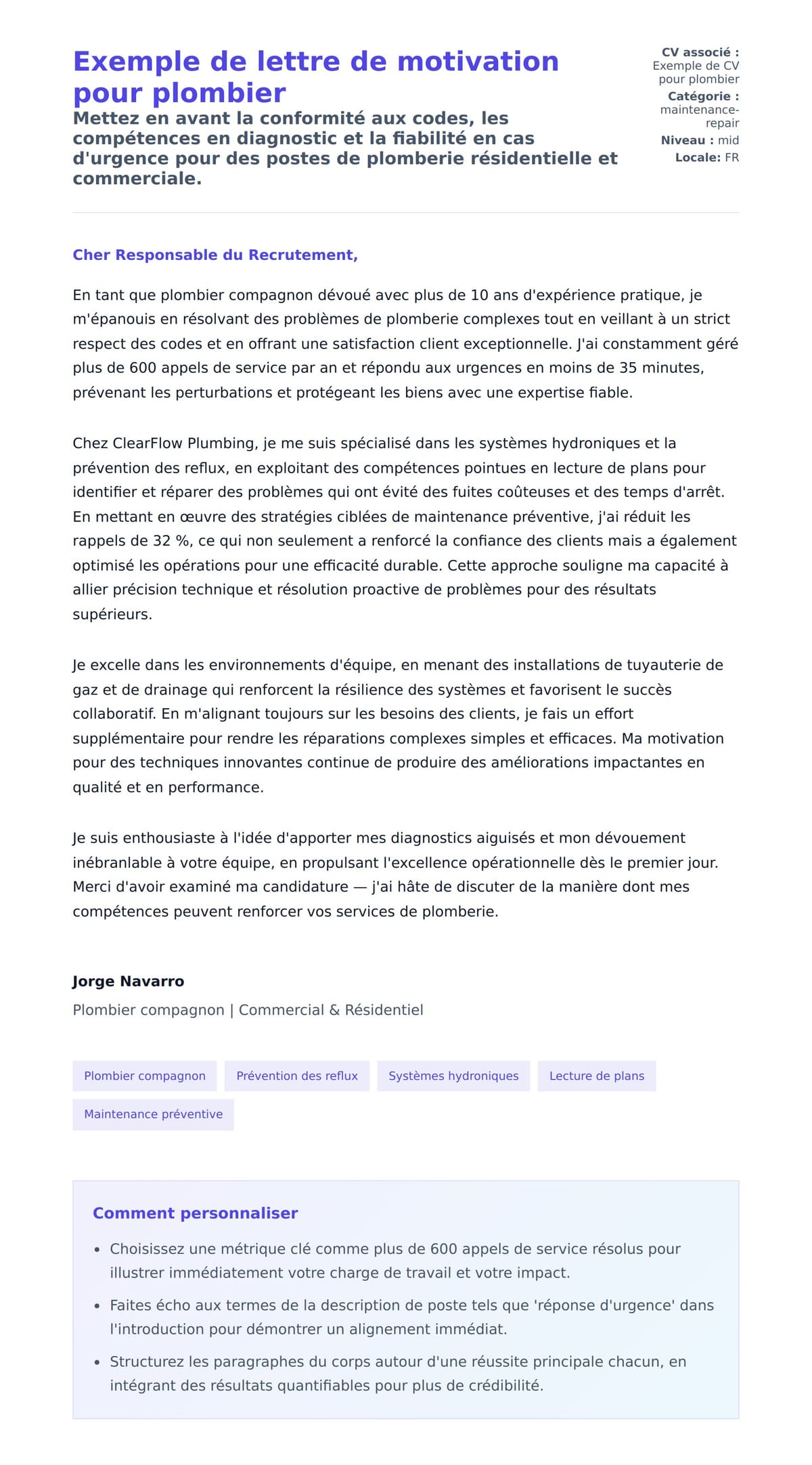 Aperçu de la lettre de motivation pour Exemple de lettre de motivation pour plombier