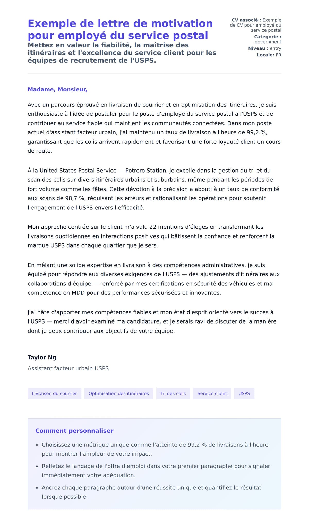 Aperçu de la lettre de motivation pour Exemple de lettre de motivation pour employé du service postal