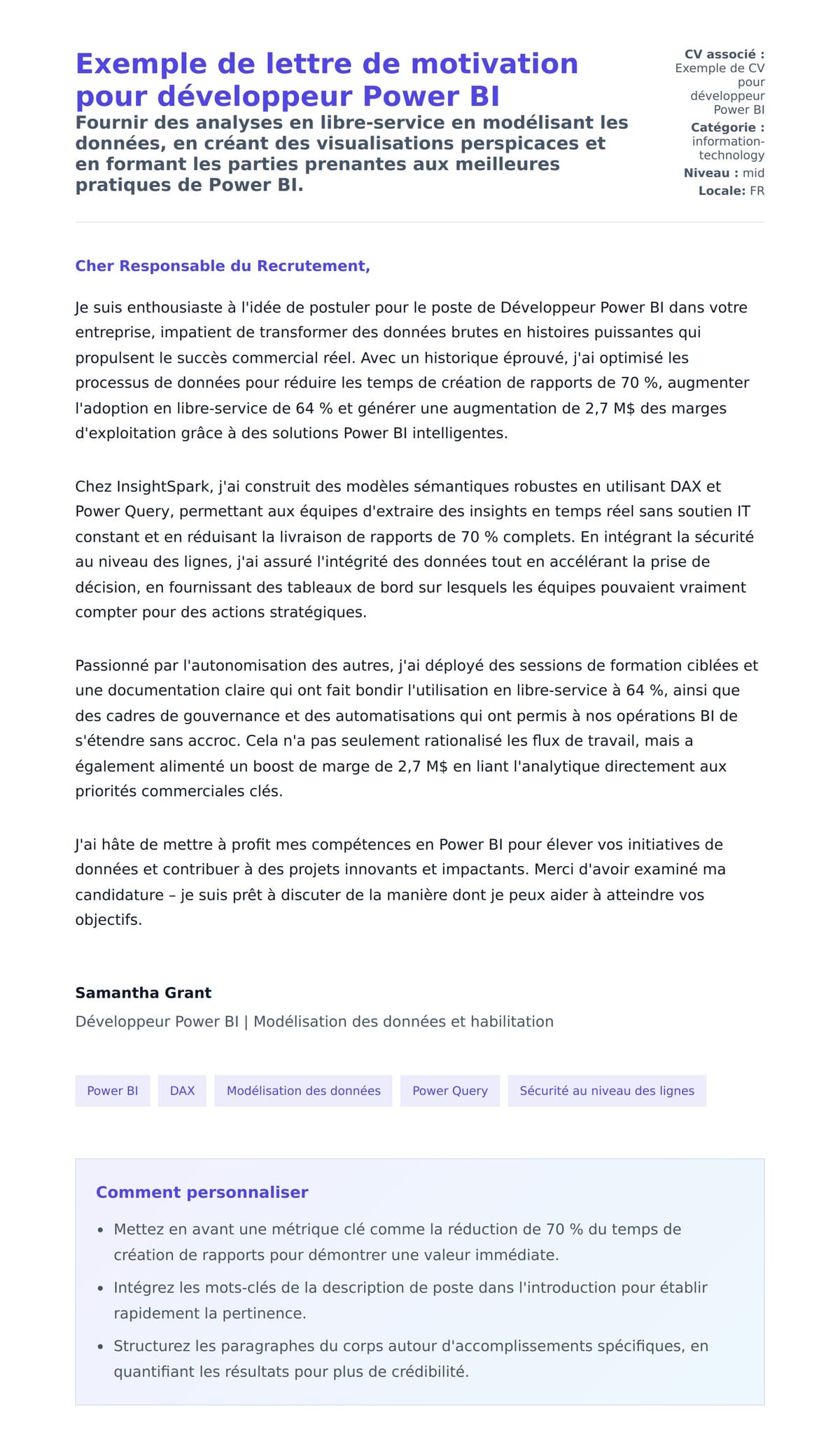 Aperçu de la lettre de motivation pour Exemple de lettre de motivation pour développeur Power BI