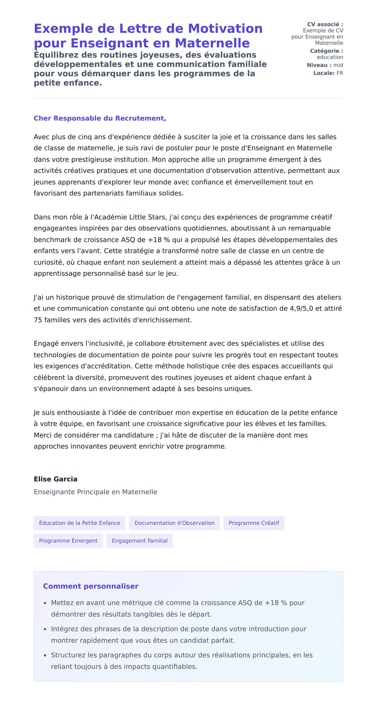 Aperçu de la lettre de motivation pour Exemple de Lettre de Motivation pour Enseignant en Maternelle