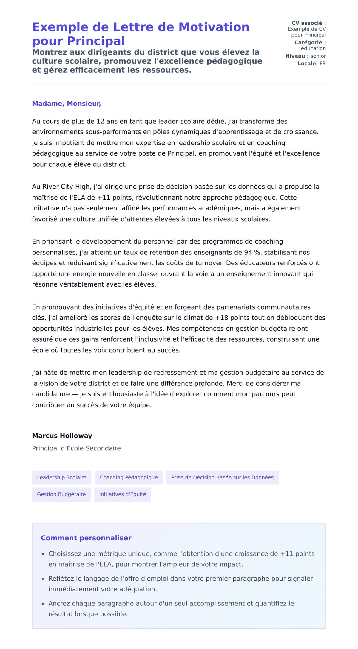 Aperçu de la lettre de motivation pour Exemple de Lettre de Motivation pour Principal