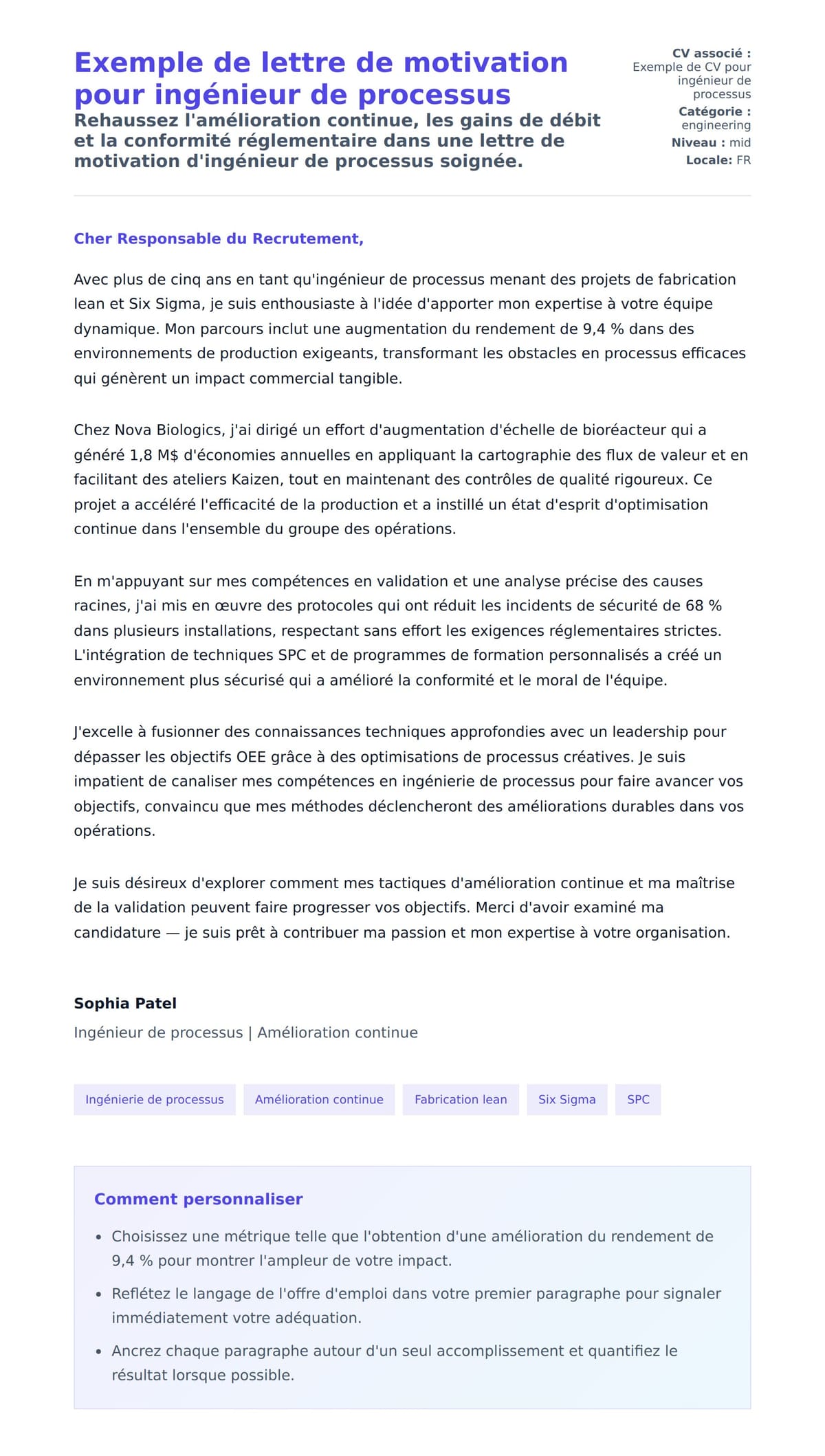 Aperçu de la lettre de motivation pour Exemple de lettre de motivation pour ingénieur de processus