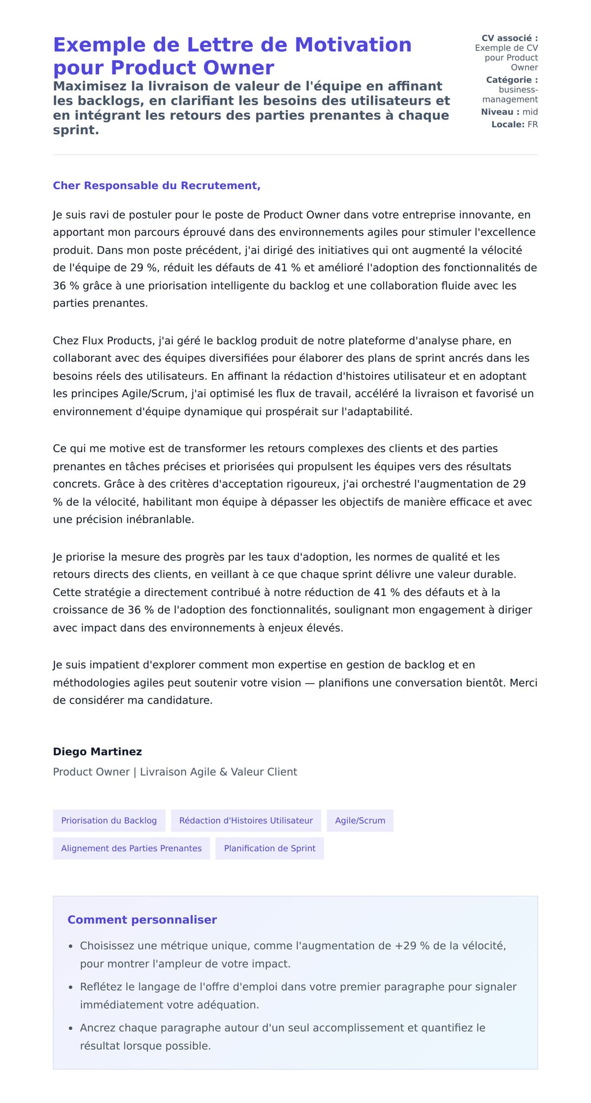 Aperçu de la lettre de motivation pour Exemple de Lettre de Motivation pour Product Owner