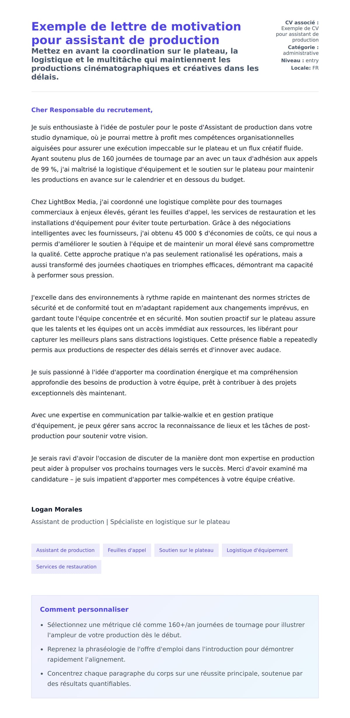 Aperçu de la lettre de motivation pour Exemple de lettre de motivation pour assistant de production
