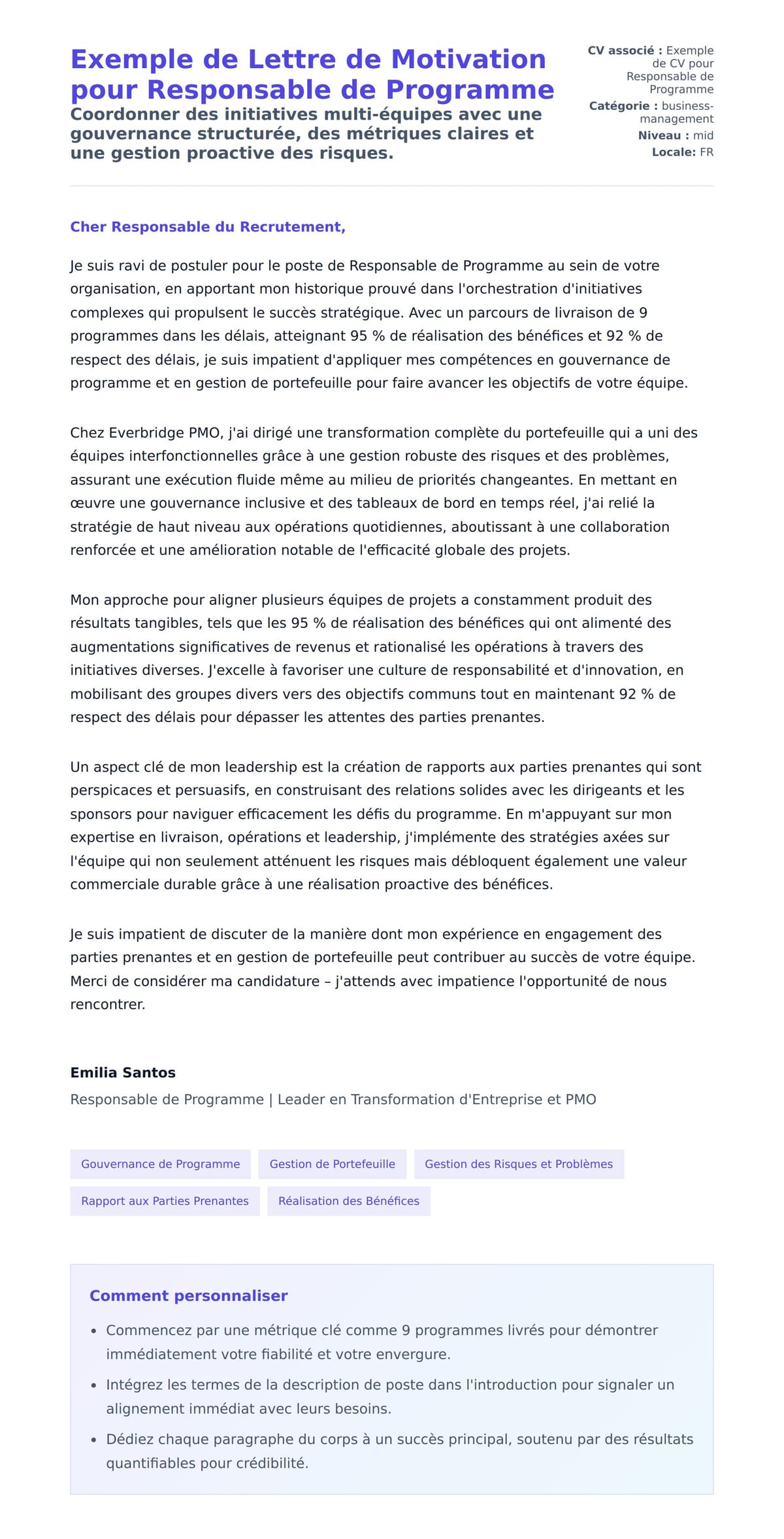 Aperçu de la lettre de motivation pour Exemple de Lettre de Motivation pour Responsable de Programme