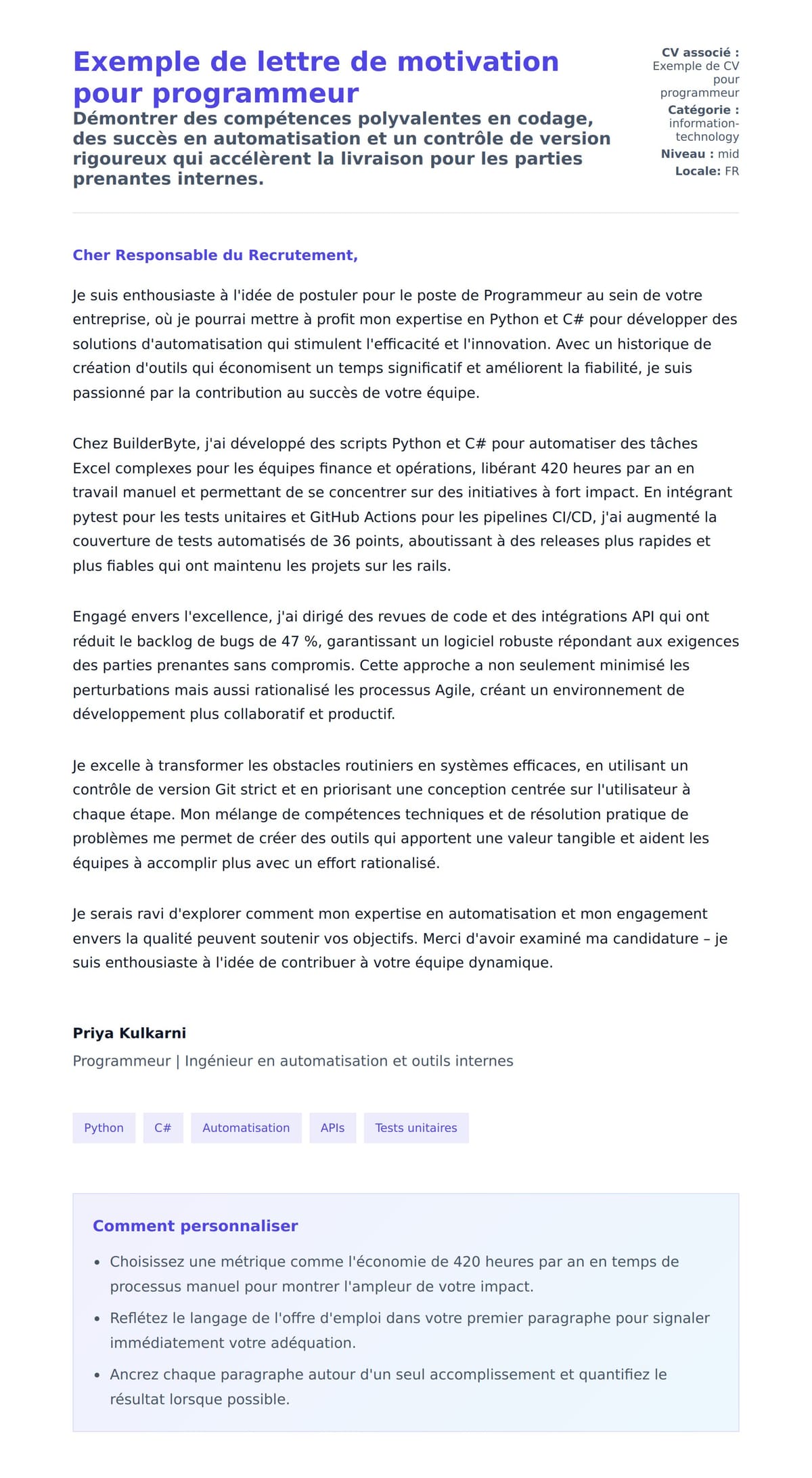 Aperçu de la lettre de motivation pour Exemple de lettre de motivation pour programmeur