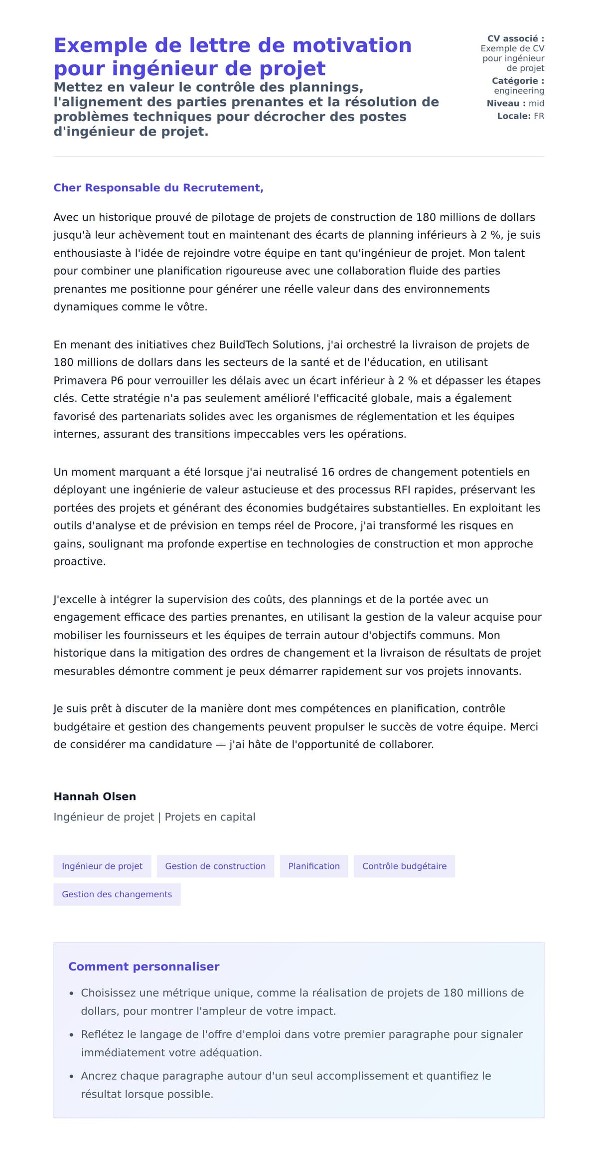 Aperçu de la lettre de motivation pour Exemple de lettre de motivation pour ingénieur de projet