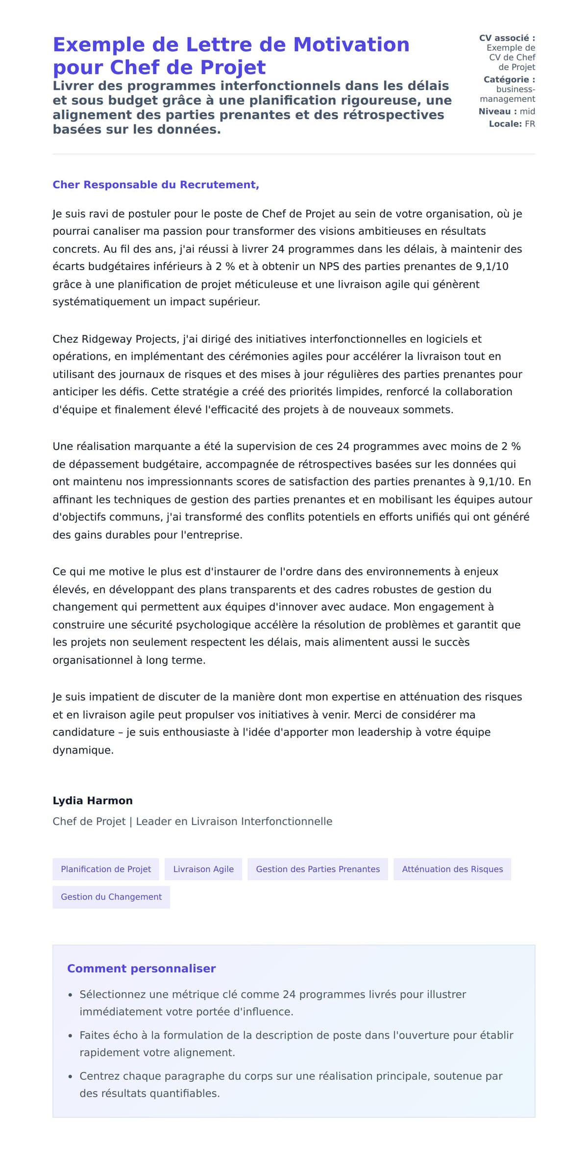 Aperçu de la lettre de motivation pour Exemple de Lettre de Motivation pour Chef de Projet