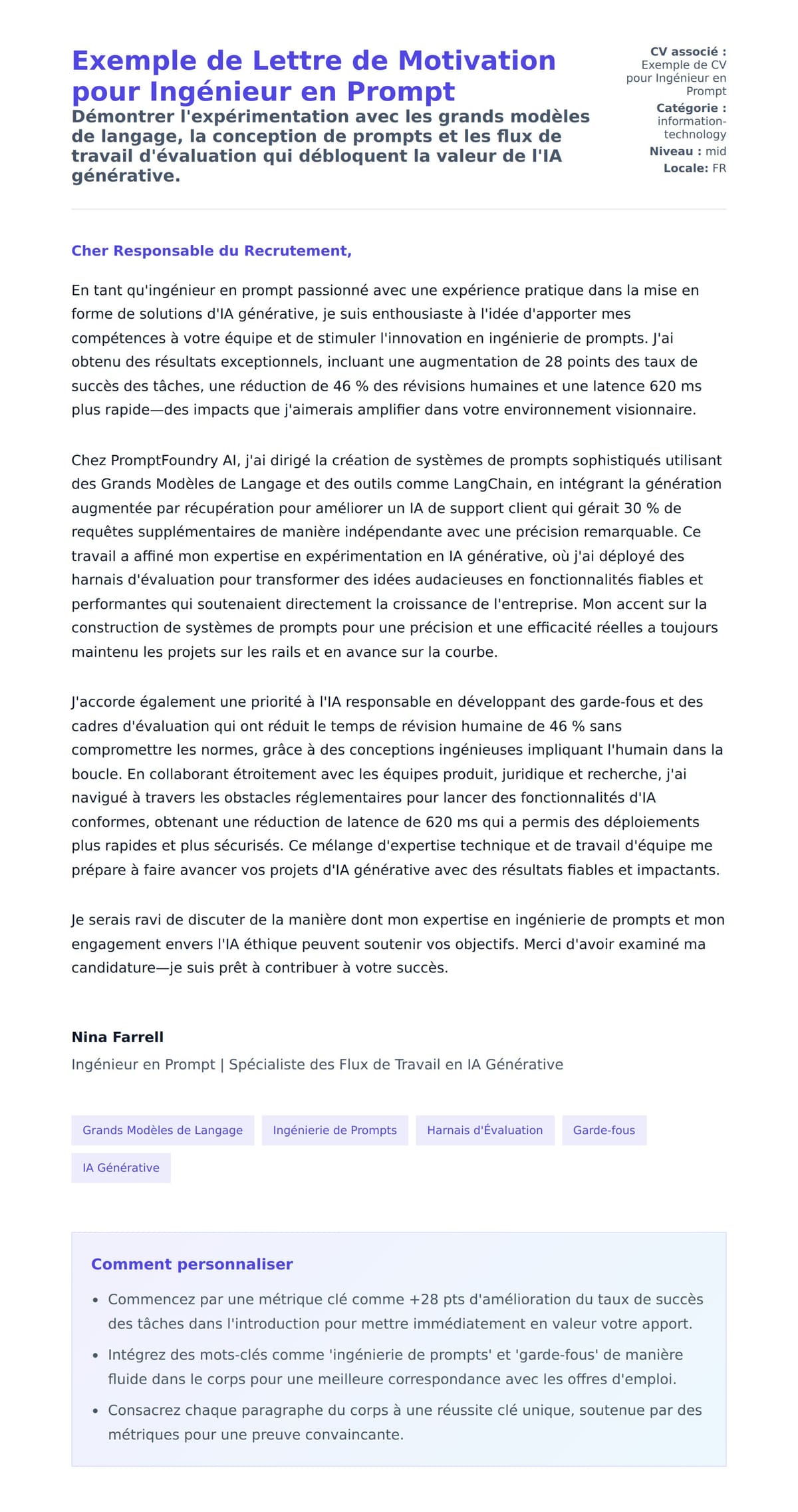 Aperçu de la lettre de motivation pour Exemple de Lettre de Motivation pour Ingénieur en Prompt