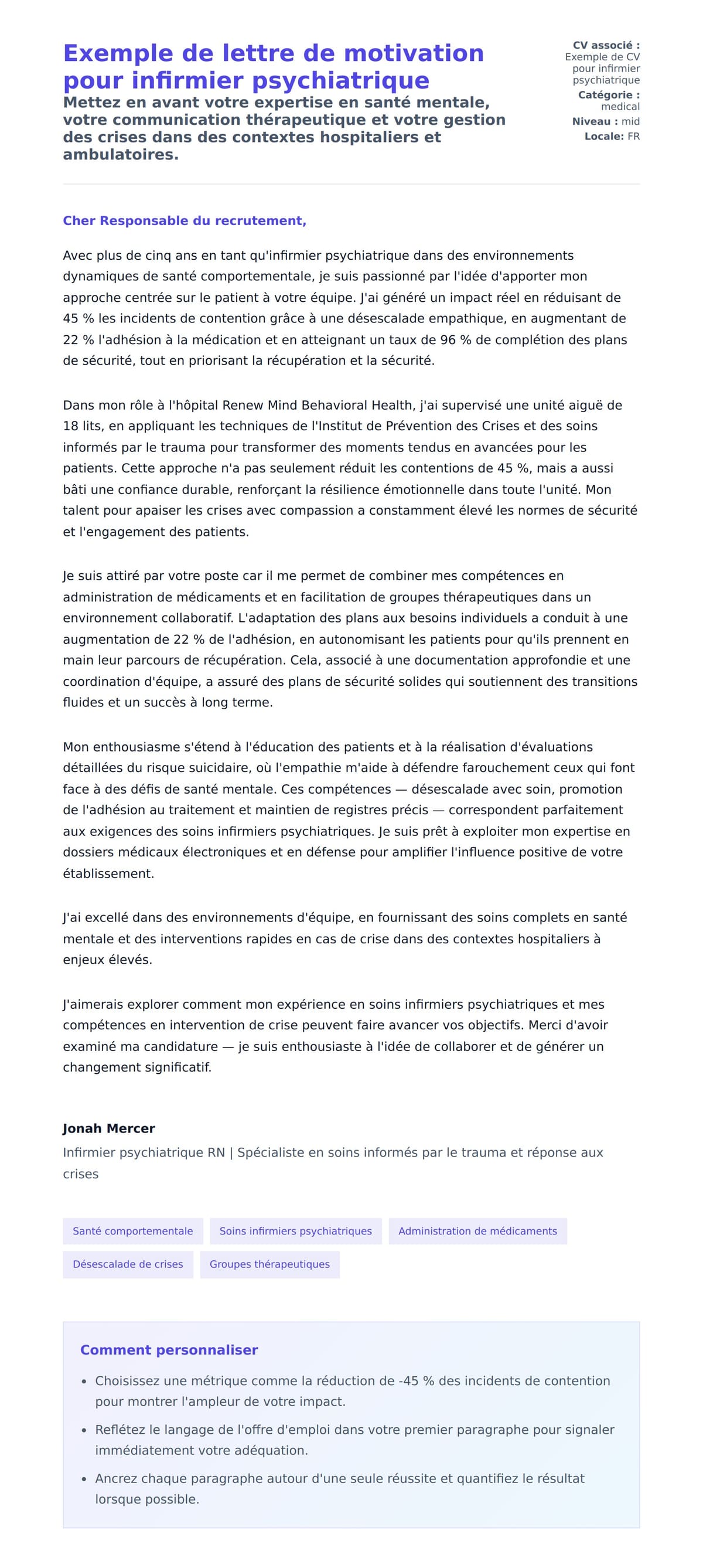 Aperçu de la lettre de motivation pour Exemple de lettre de motivation pour infirmier psychiatrique