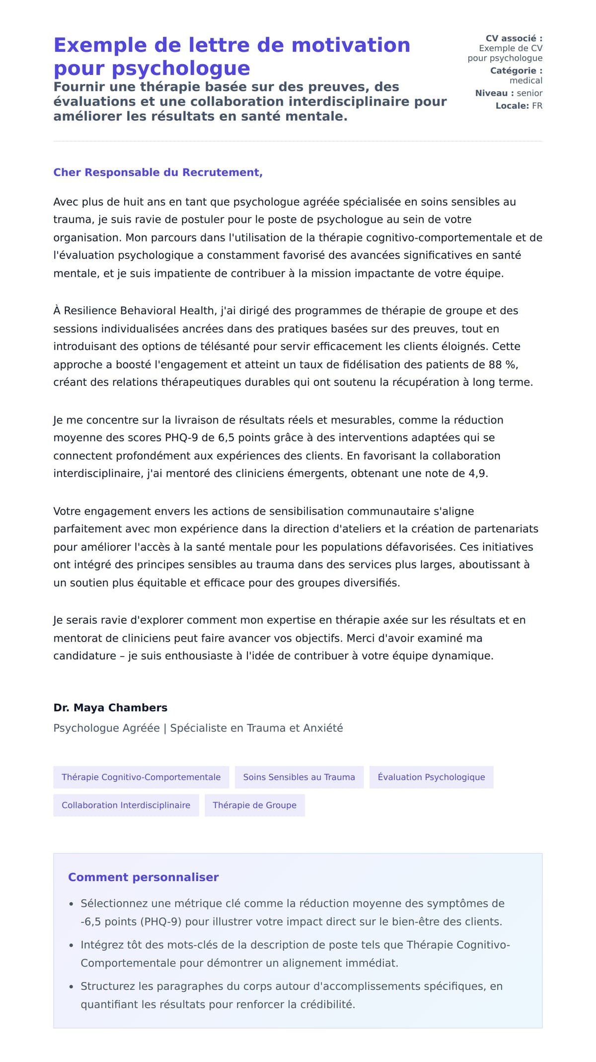 Aperçu de la lettre de motivation pour Exemple de lettre de motivation pour psychologue