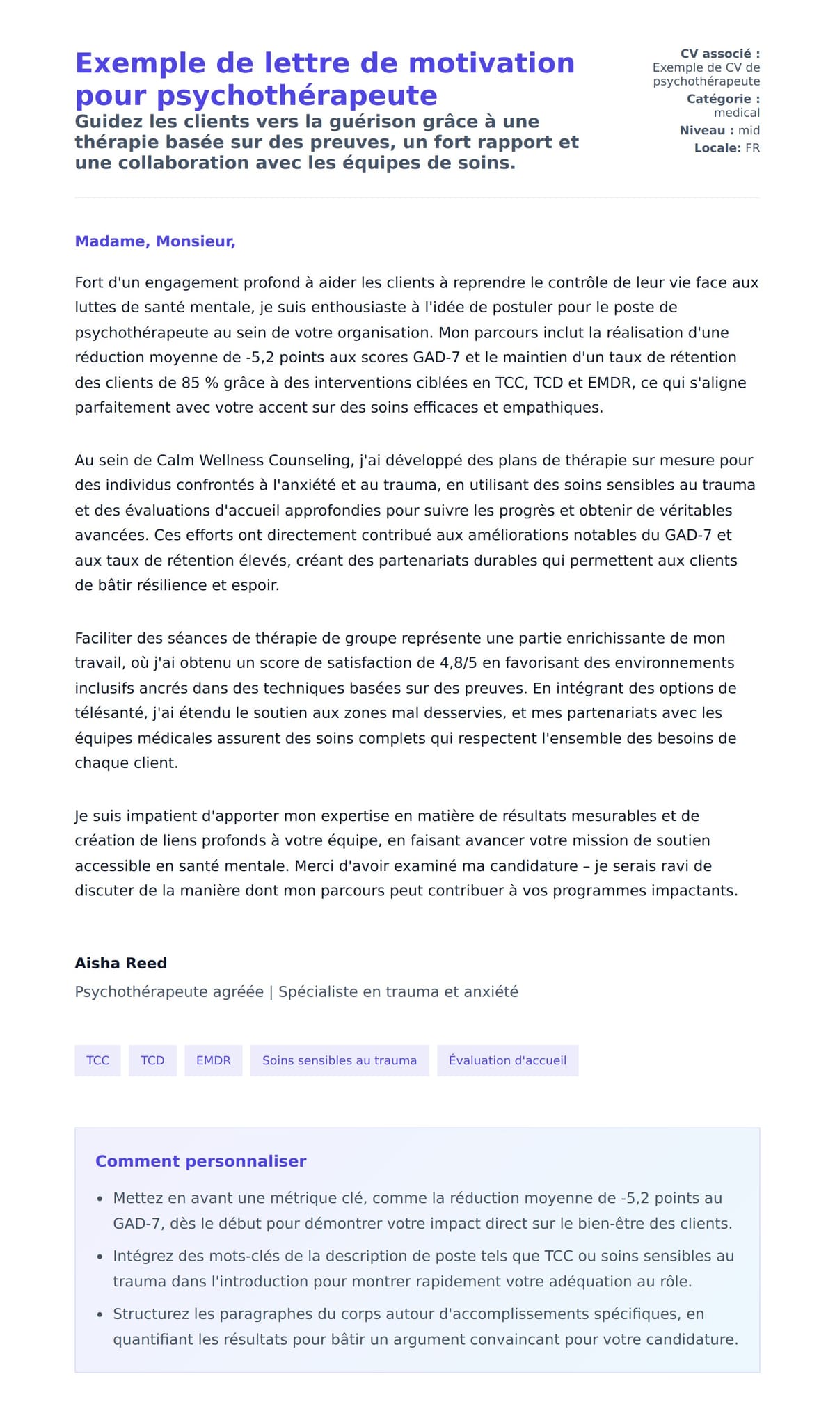 Aperçu de la lettre de motivation pour Exemple de lettre de motivation pour psychothérapeute