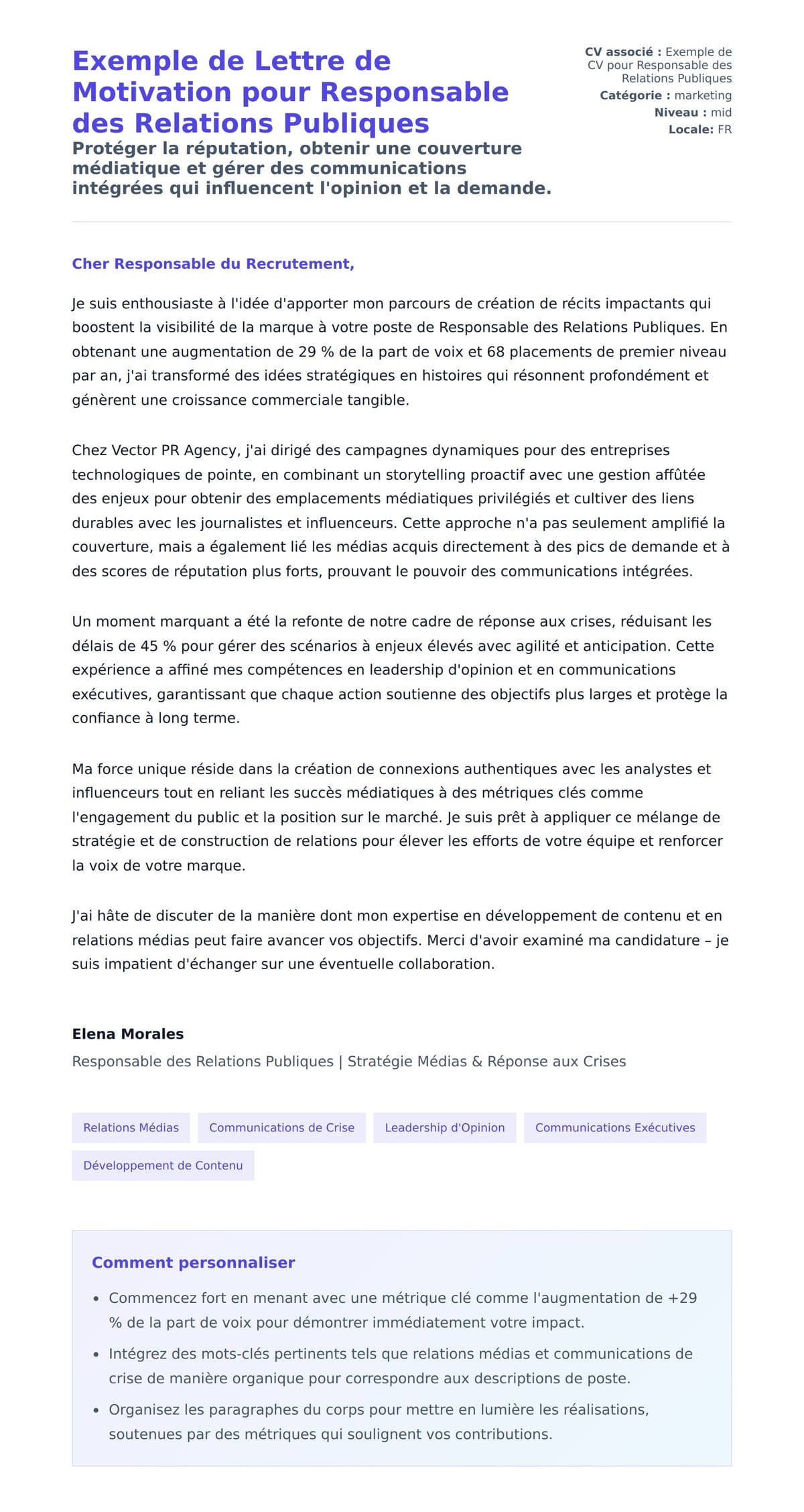 Aperçu de la lettre de motivation pour Exemple de Lettre de Motivation pour Responsable des Relations Publiques