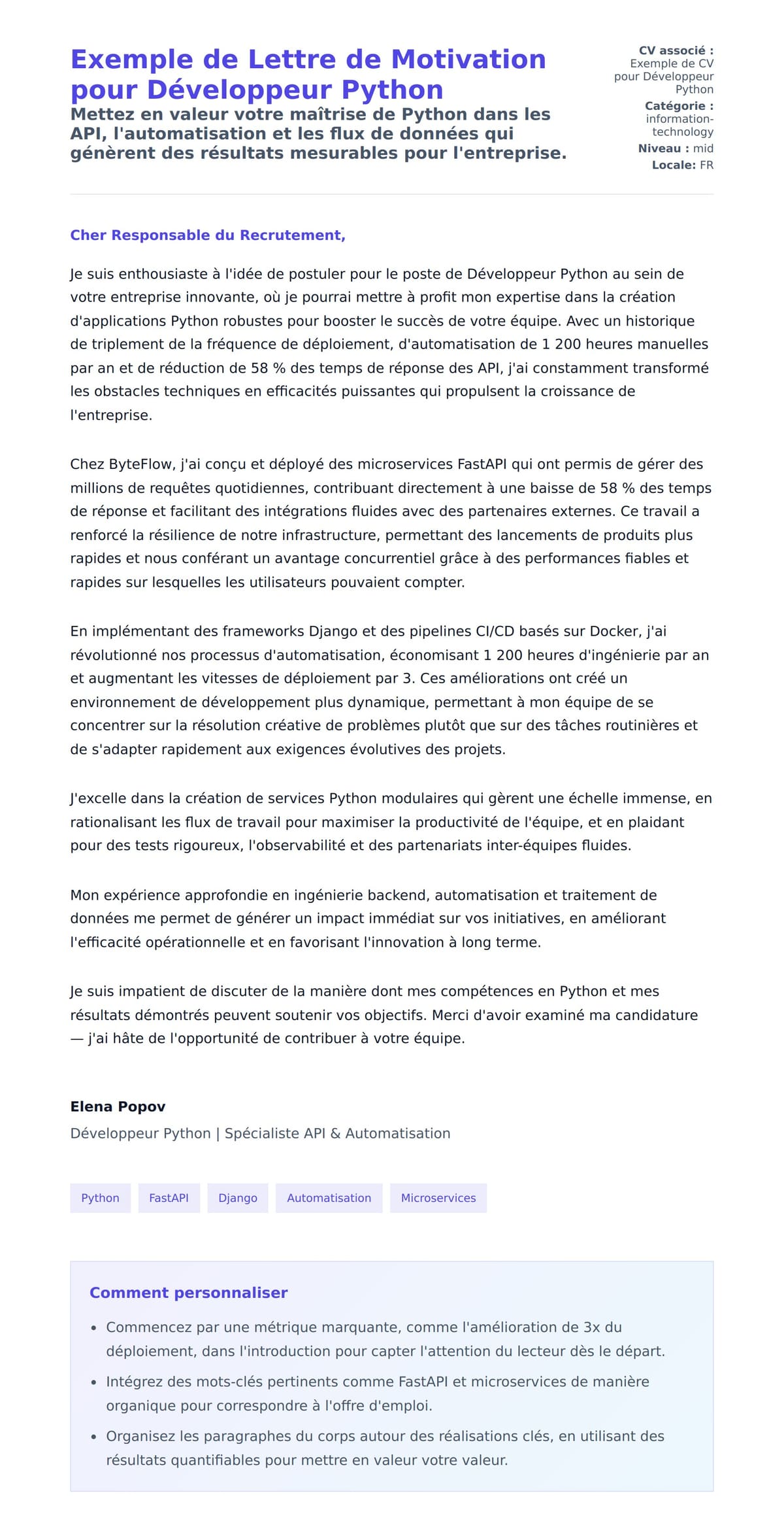 Aperçu de la lettre de motivation pour Exemple de Lettre de Motivation pour Développeur Python