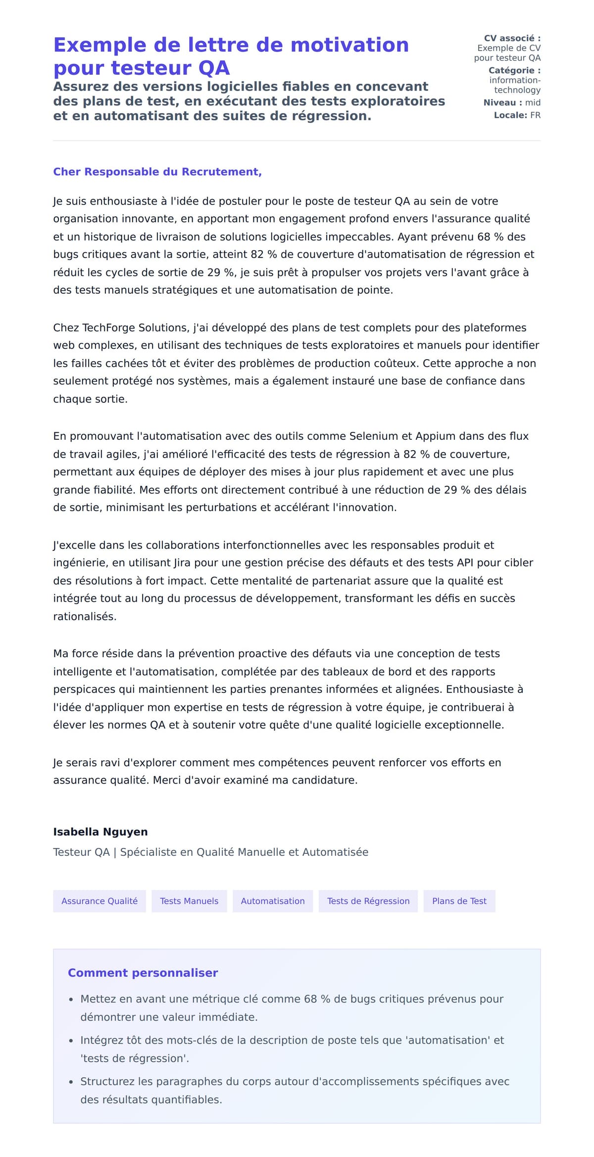 Aperçu de la lettre de motivation pour Exemple de lettre de motivation pour testeur QA