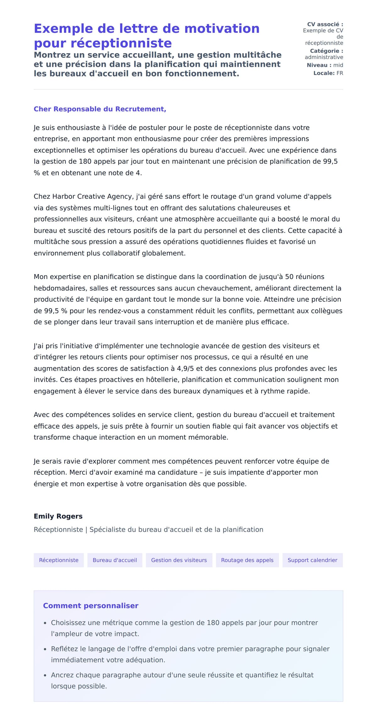 Aperçu de la lettre de motivation pour Exemple de lettre de motivation pour réceptionniste