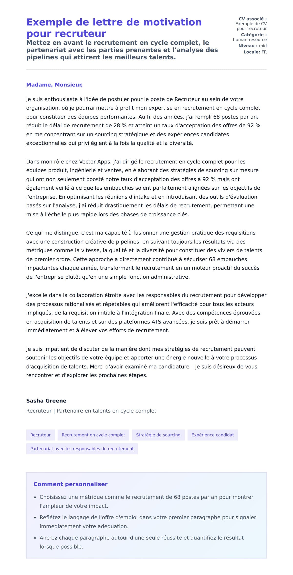 Aperçu de la lettre de motivation pour Exemple de lettre de motivation pour recruteur